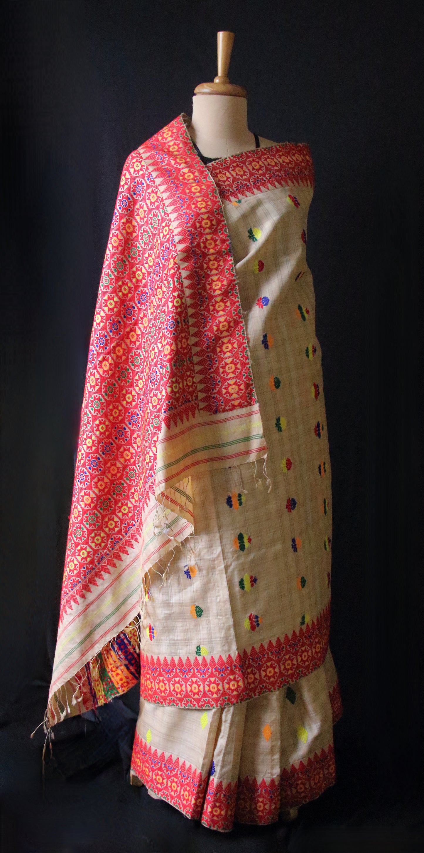 Handloom Tassar Silk Sari with traditional motifs from Assam
