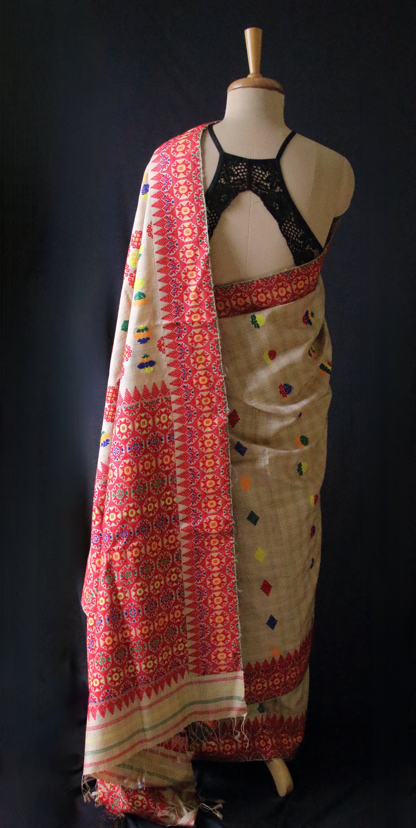 Handloom Tassar Silk Sari with traditional motifs from Assam