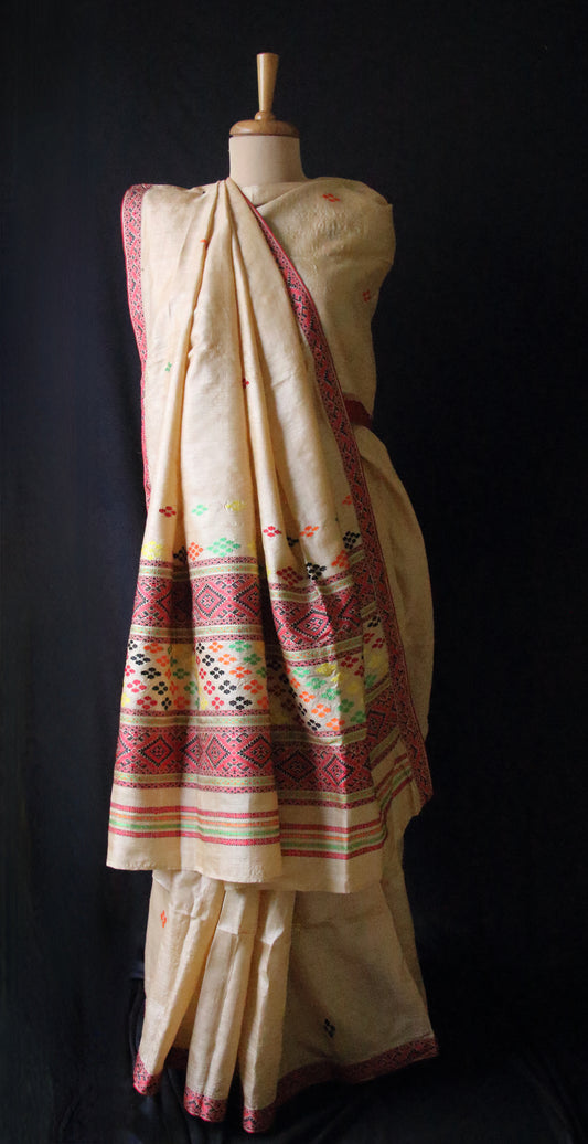 Handloom Tassar Silk Sari with traditional motifs from Assam