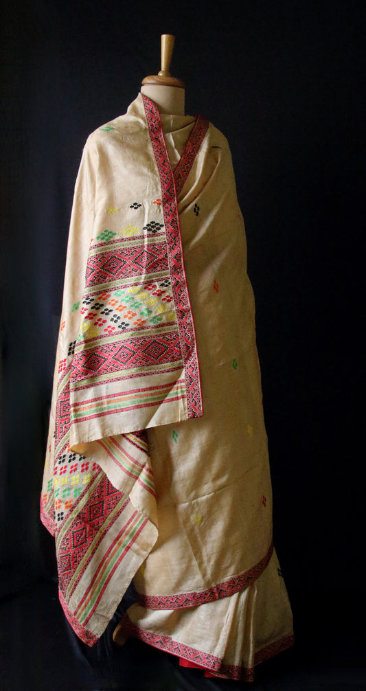 Handloom Tassar Silk Sari with traditional motifs from Assam