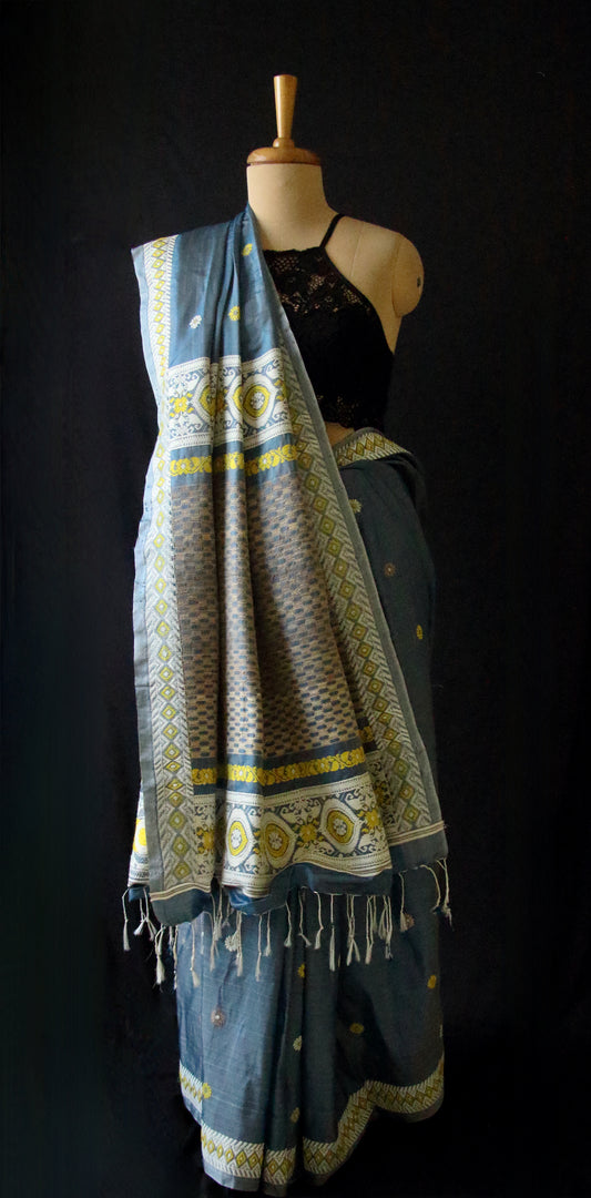 Greyish Blue Colour Handloom Silk Saree from Assam