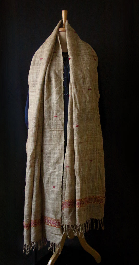 Handwoven Muga Ghicha Silk Shawl with Eri Silk Motifs from Assam