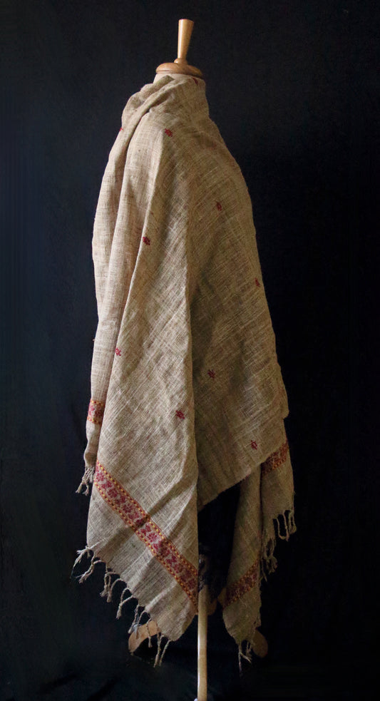 Handwoven Muga Ghicha Silk Shawl with Eri Silk Motifs from Assam