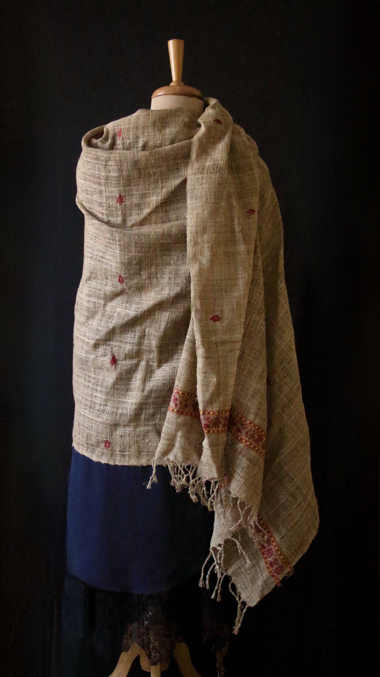 Handwoven Muga Ghicha Silk Shawl with Eri Silk Motifs from Assam