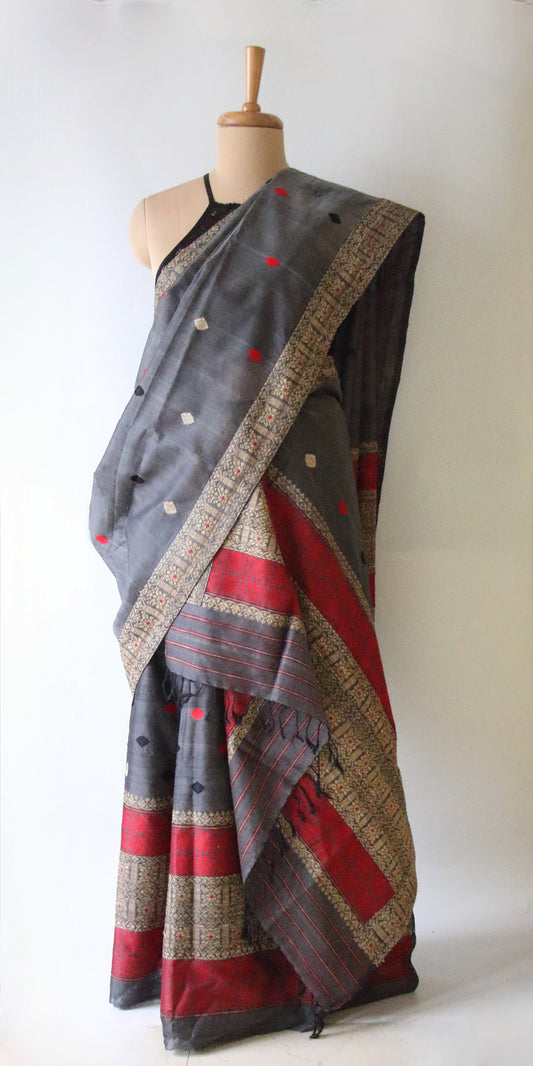Natural Dyed  Grey Cotton Silk Handloom Mekhela Chador Set