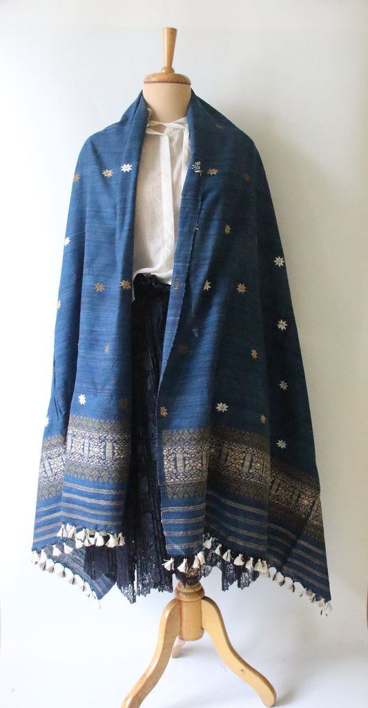Handwoven Indigo Natural Dyed Hand Spun Eri Silk Shawl From Assam