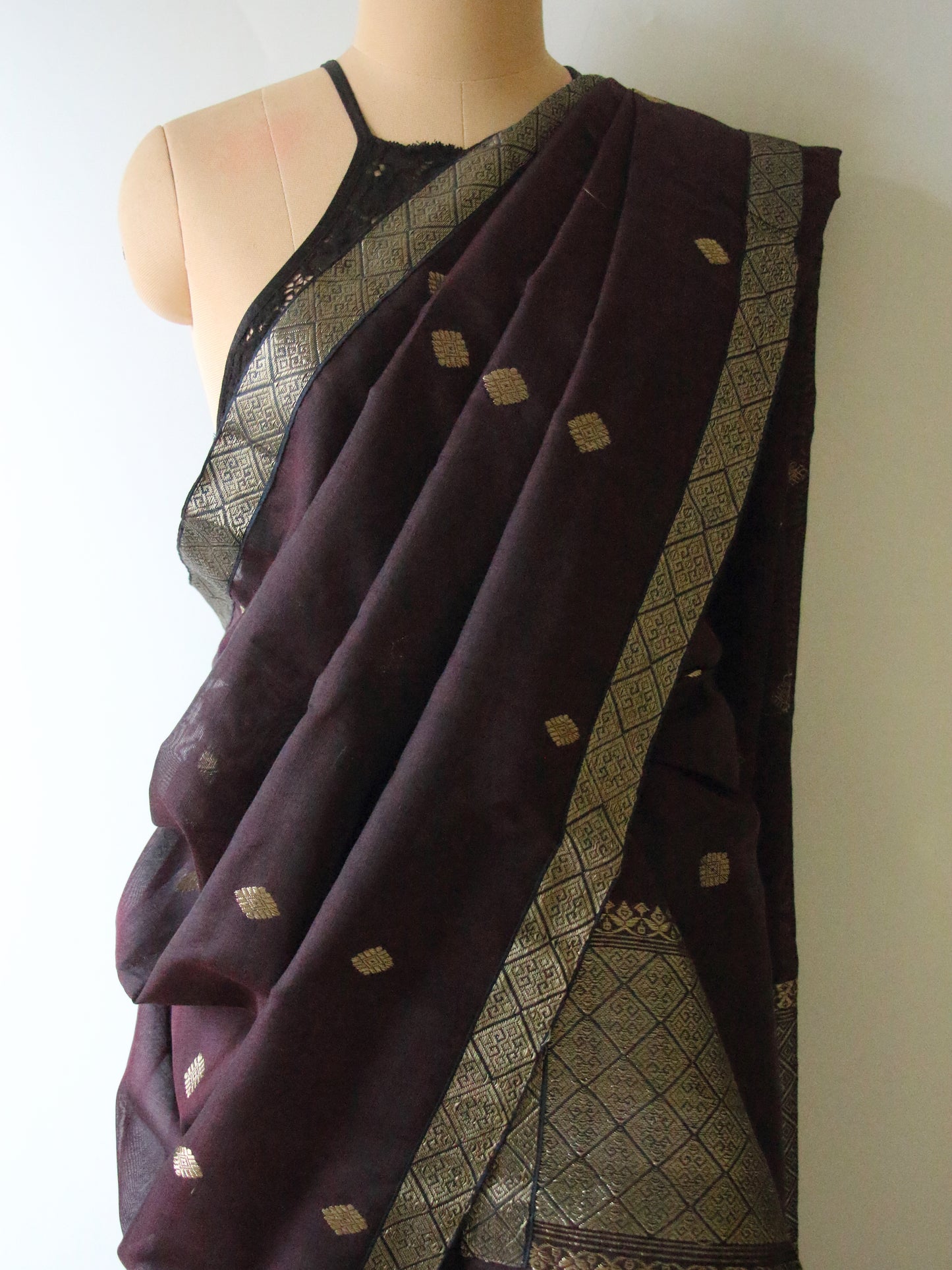 Dark Purple Natural dyed  Cotton Silk Handloom Mekhela Chador Set from Assam