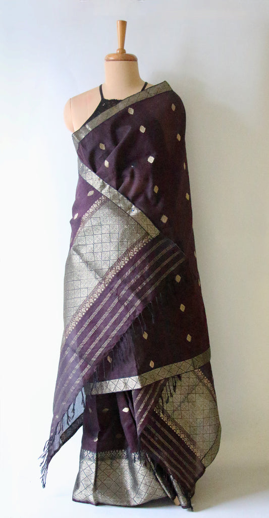 Dark Purple Natural dyed  Cotton Silk Handloom Mekhela Chador Set from Assam