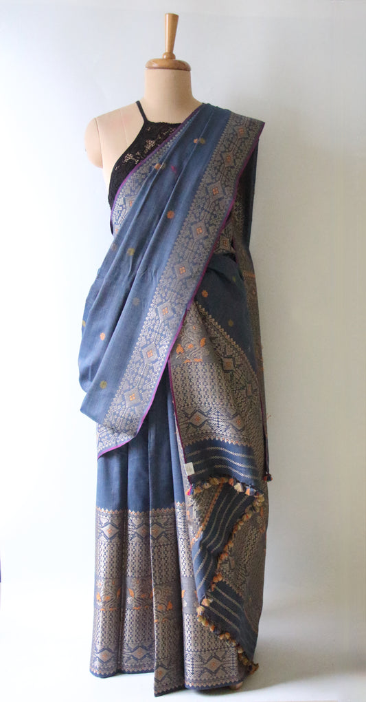 Light Indigo Natural Dyed Eri Silk Mekhela Chador Set from Assam