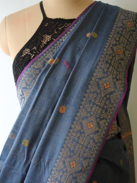 Light Indigo Natural Dyed Eri Silk Mekhela Chador Set from Assam