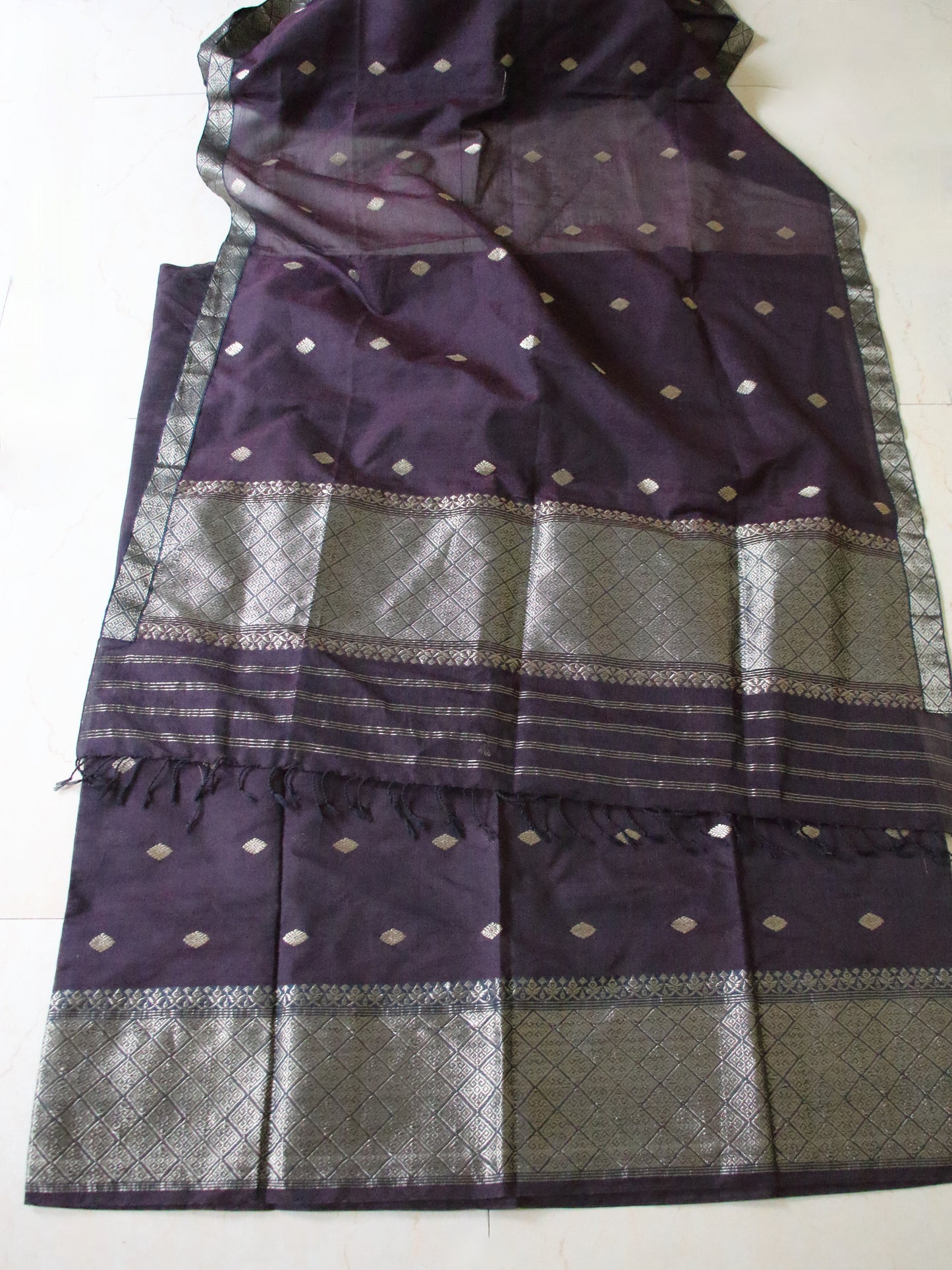 Dark Purple Natural dyed  Cotton Silk Handloom Mekhela Chador Set from Assam