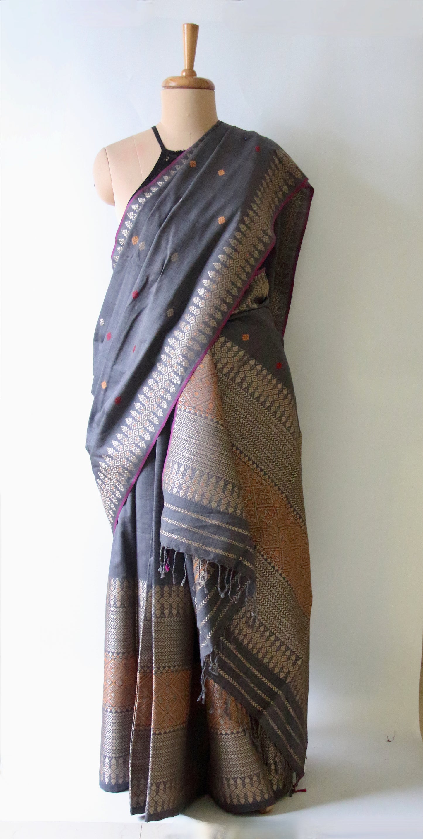 Grey Natural Dyed Eri Silk Traditional Mekhela Chador Set from Assam
