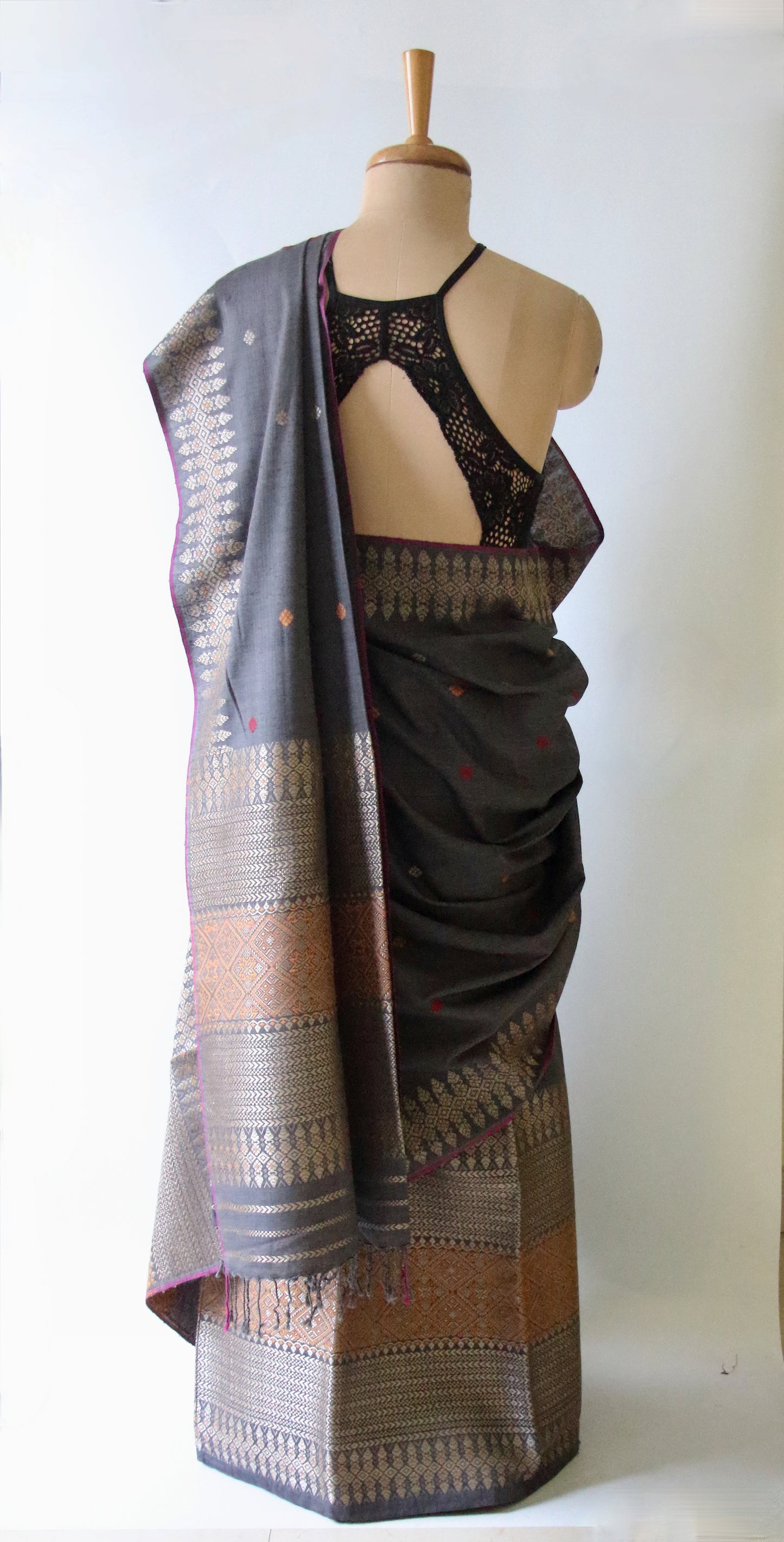 Grey Natural Dyed Eri Silk Traditional Mekhela Chador Set from Assam