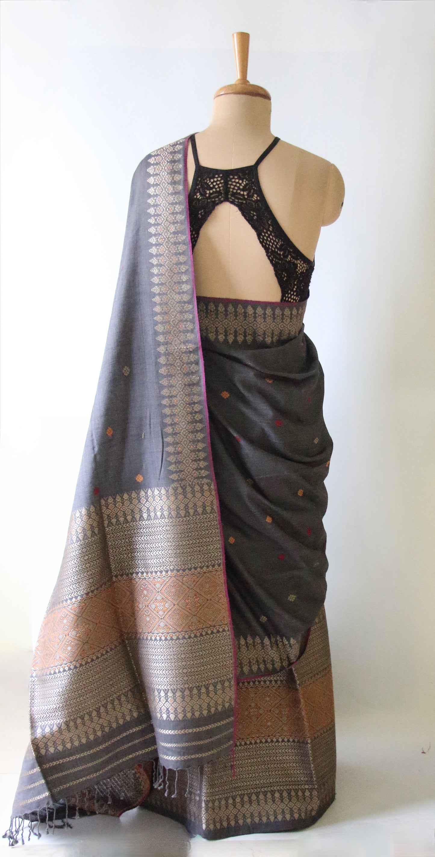 Grey Natural Dyed Eri Silk Traditional Mekhela Chador Set from Assam