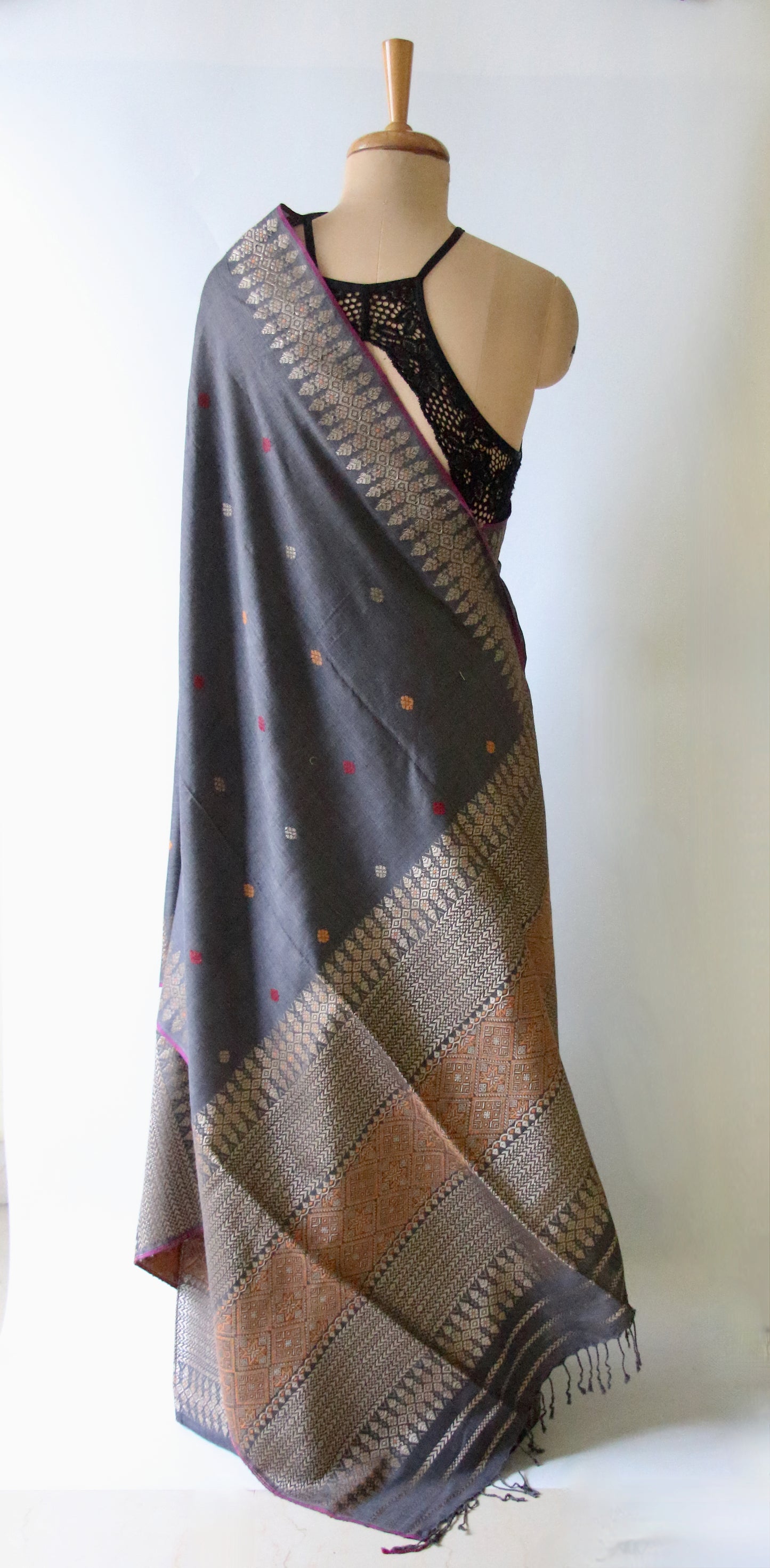 Grey Natural Dyed Eri Silk Traditional Mekhela Chador Set from Assam