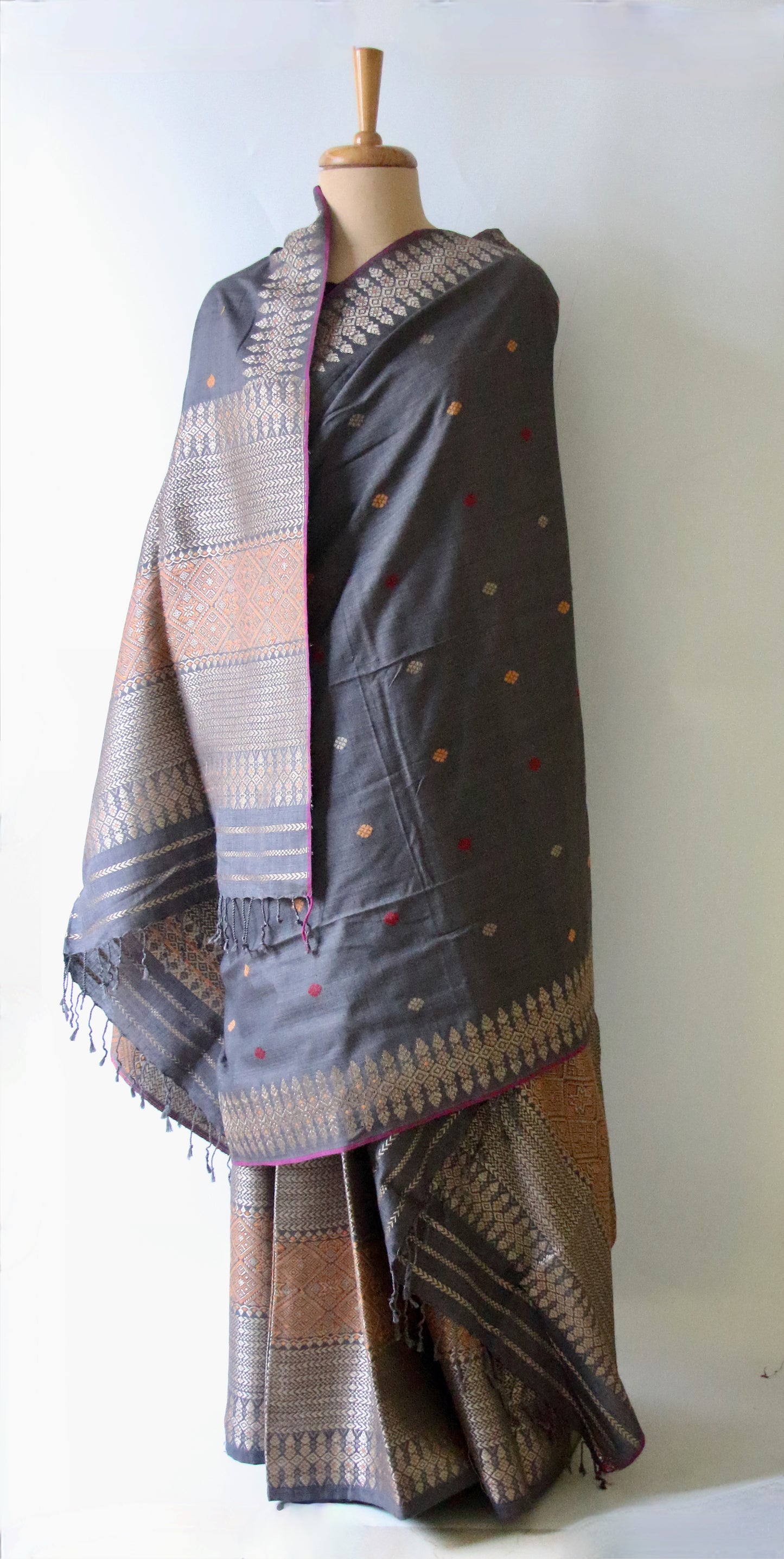 Grey Natural Dyed Eri Silk Traditional Mekhela Chador Set from Assam
