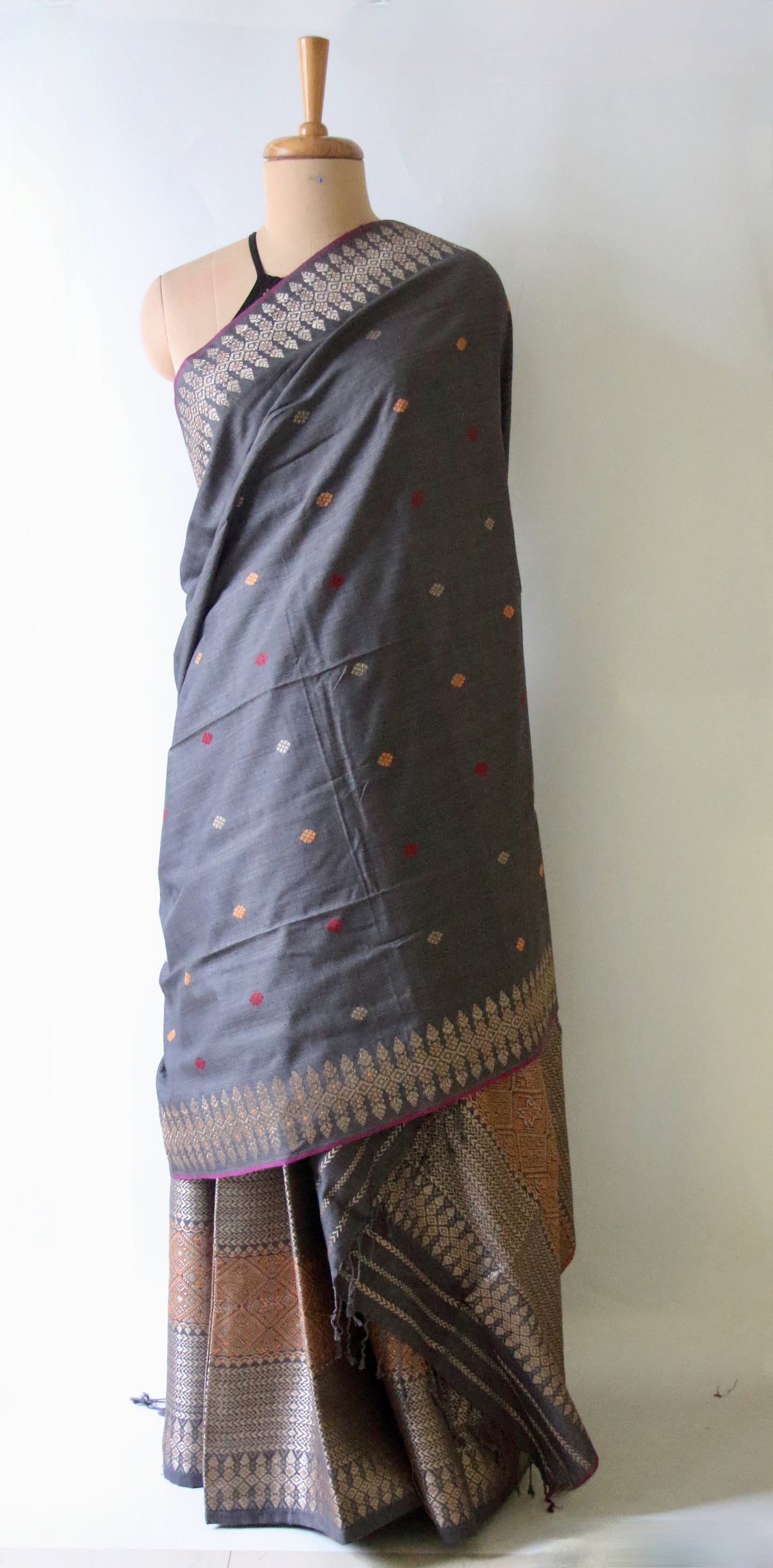 Grey Natural Dyed Eri Silk Traditional Mekhela Chador Set from Assam