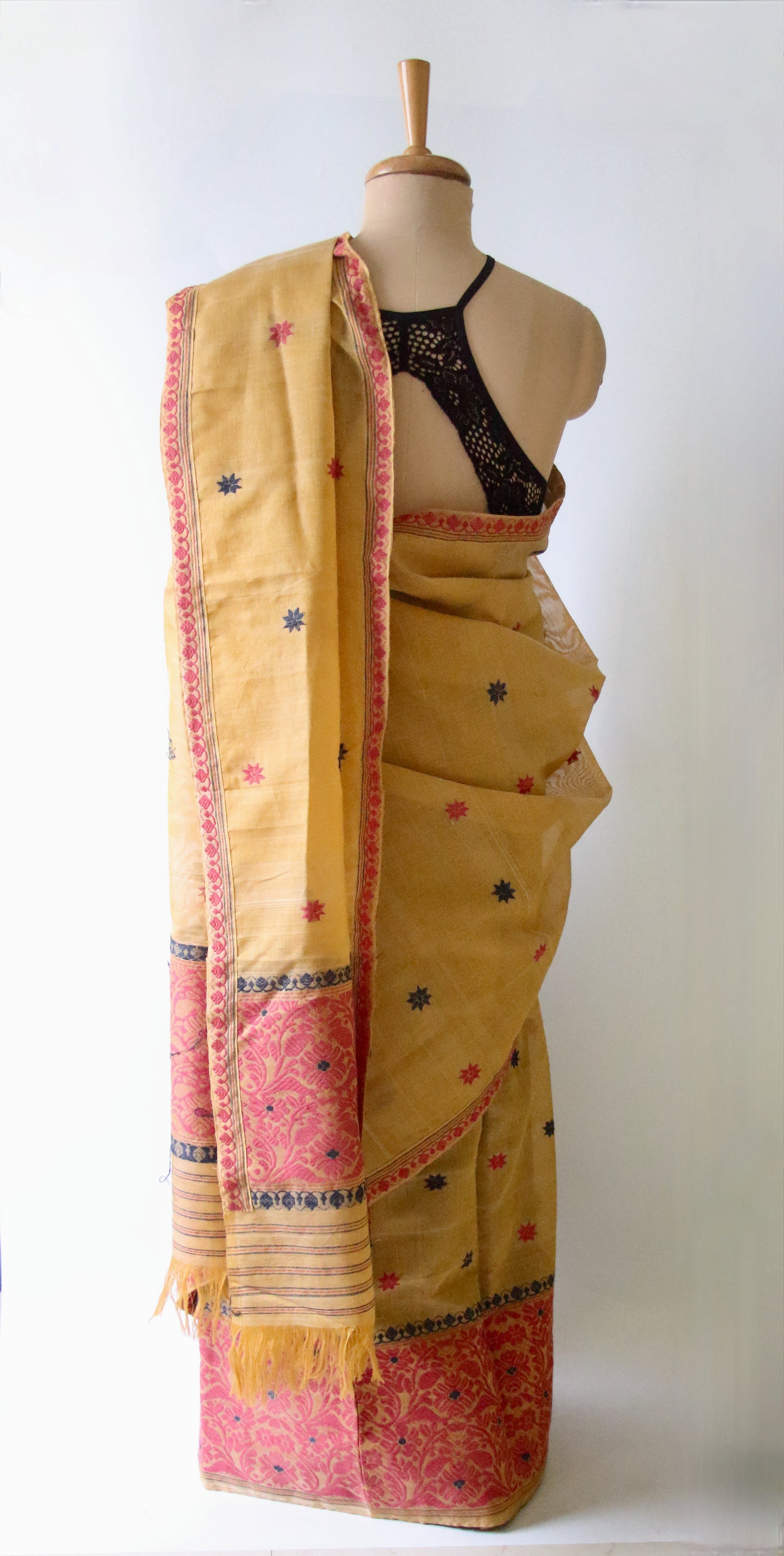 Natural Dyed  Yellow Cotton Silk Handloom Mekhela Chador Set from Assam