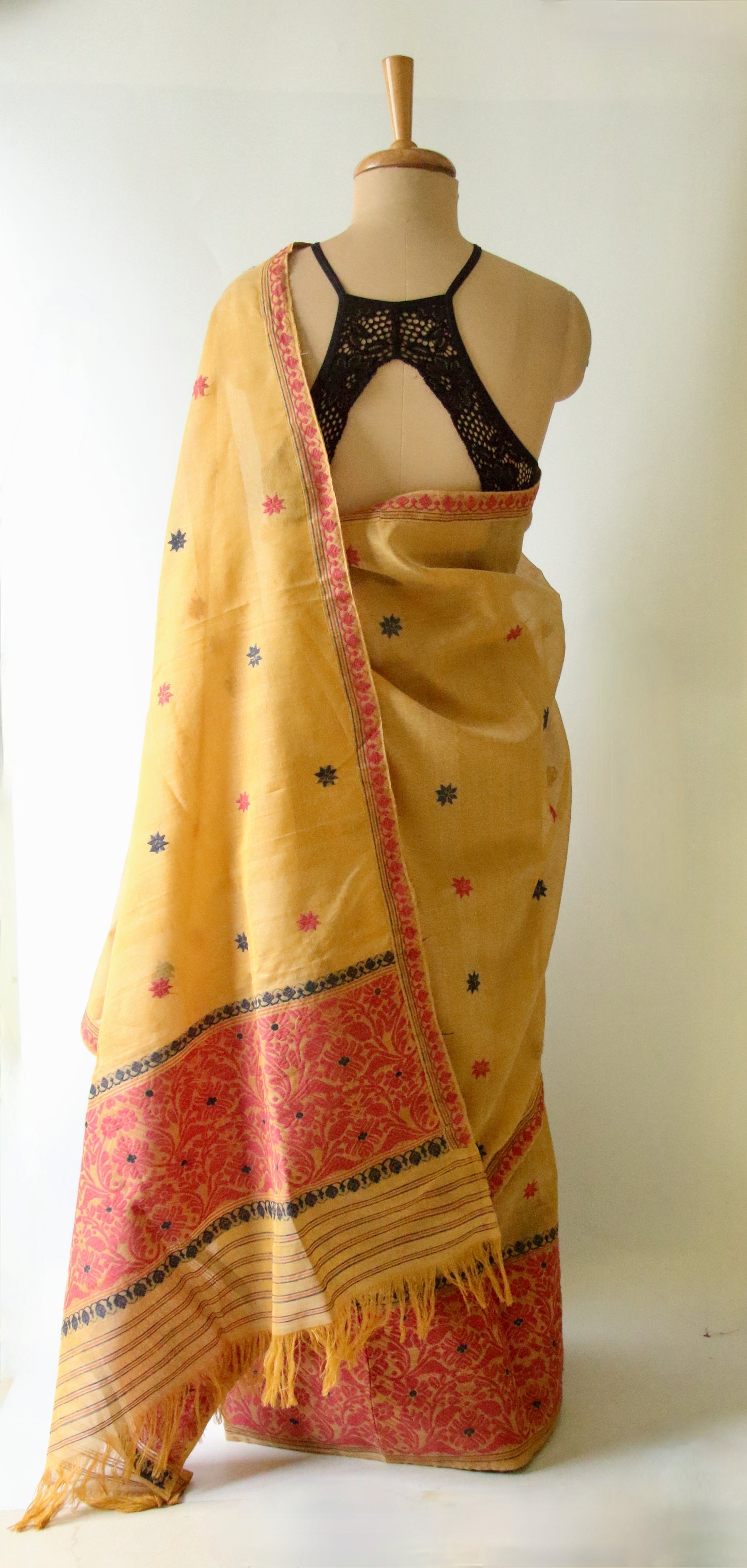 Natural Dyed  Yellow Cotton Silk Handloom Mekhela Chador Set from Assam