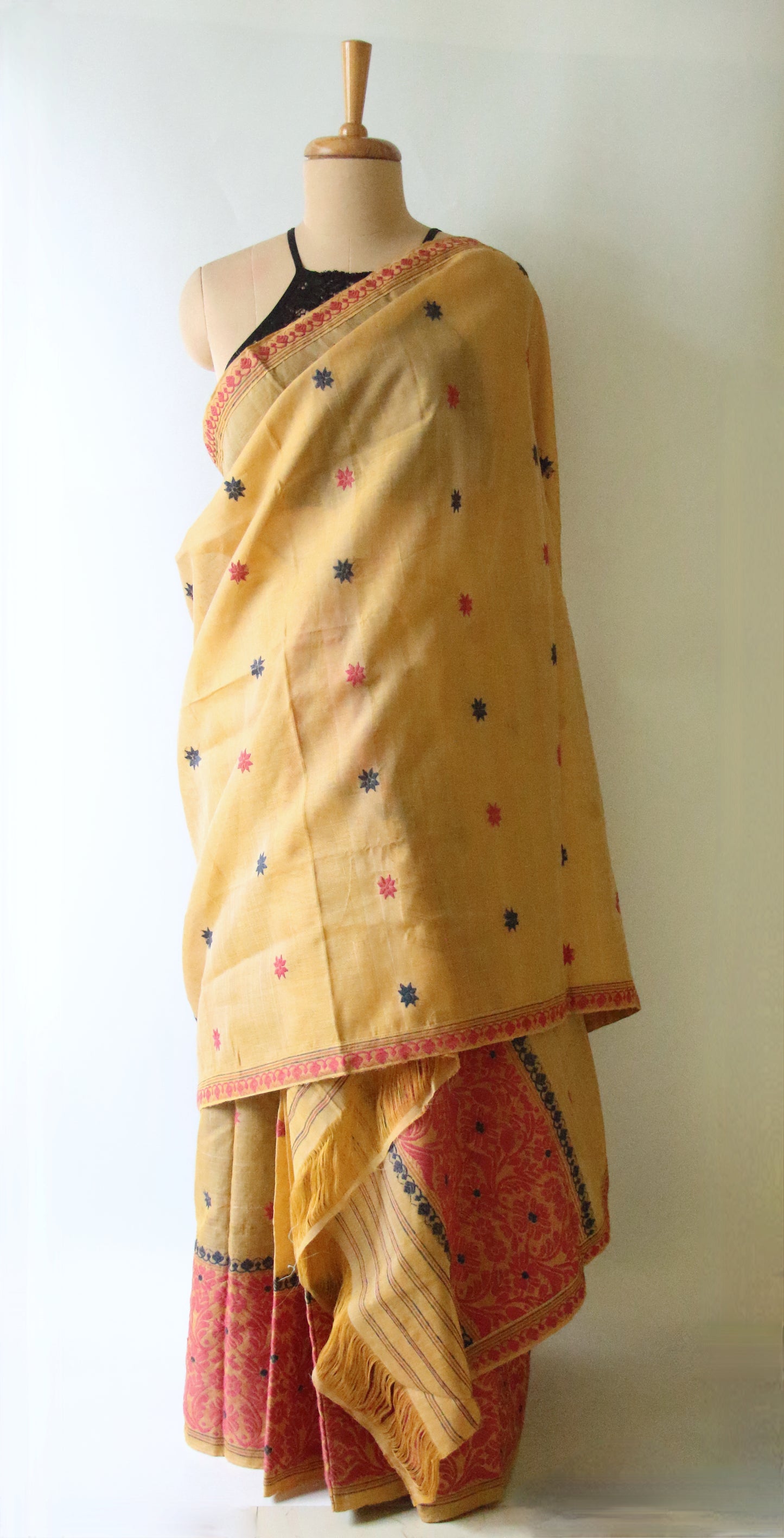 Natural Dyed  Yellow Cotton Silk Handloom Mekhela Chador Set from Assam