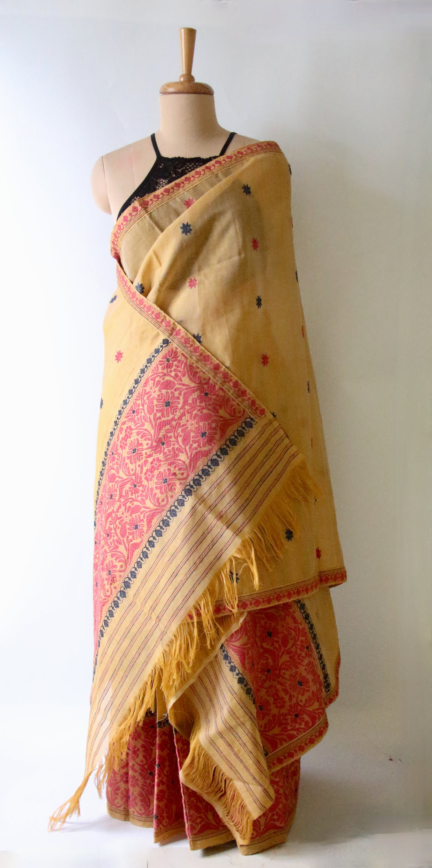 Natural Dyed  Yellow Cotton Silk Handloom Mekhela Chador Set from Assam