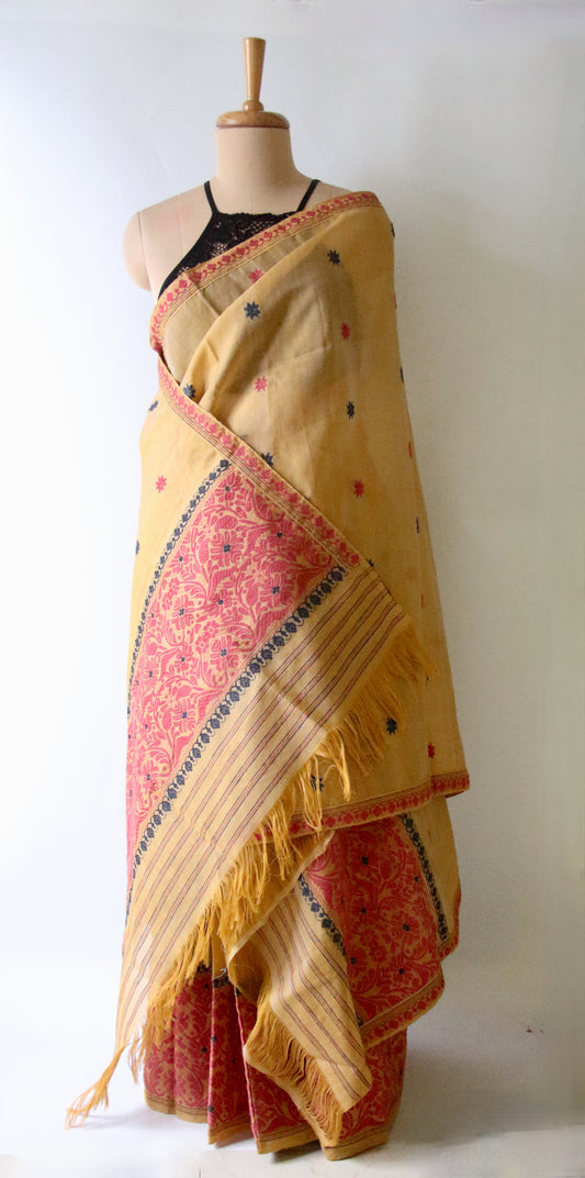 Natural Dyed  Yellow Cotton Silk Handloom Mekhela Chador Set from Assam