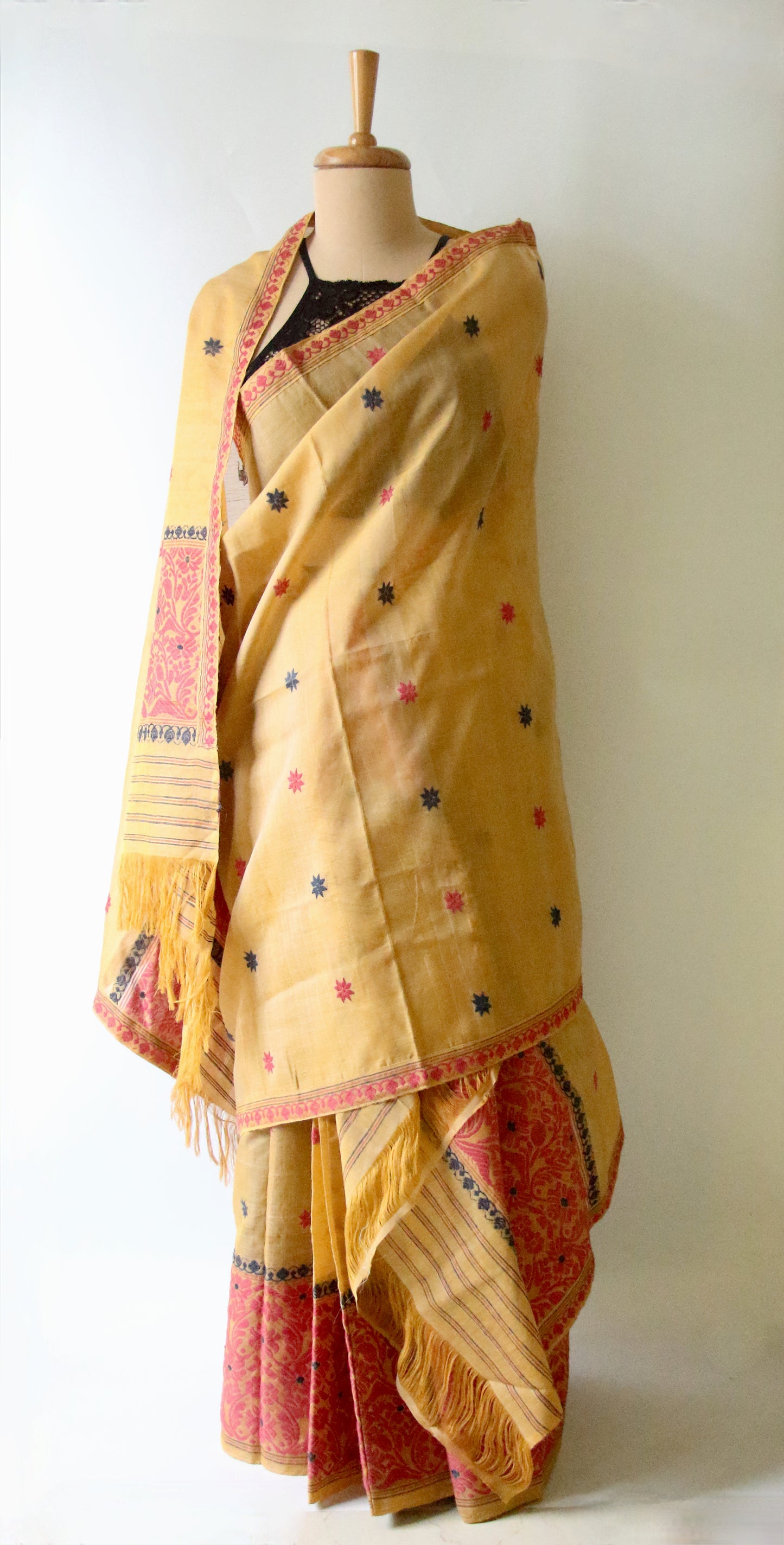 Natural Dyed  Yellow Cotton Silk Handloom Mekhela Chador Set from Assam
