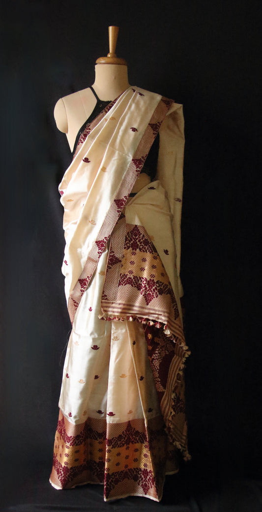 Soft Golden Beige Silk Mekhela Chador Set from Assam