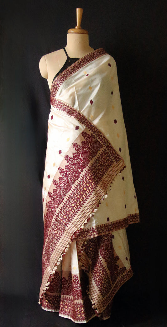 Soft Golden Beige Traditional Silk Mekhela Chador Set from Assam