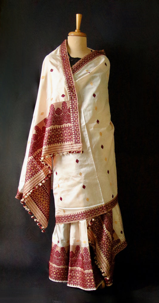 Soft Golden Beige Traditional Silk Mekhela Chador Set from Assam
