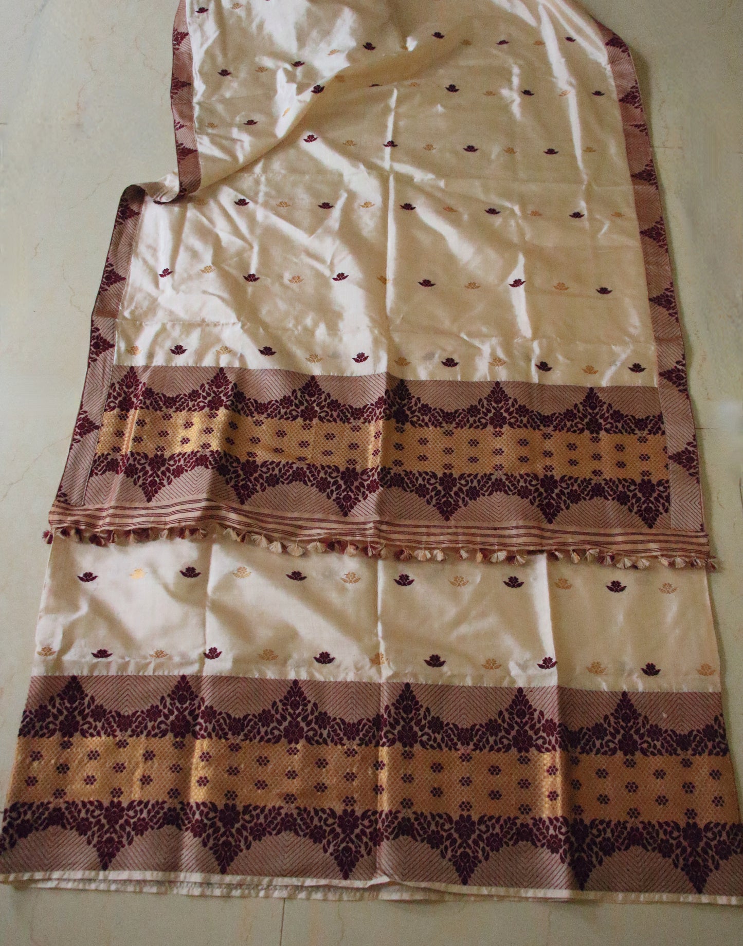 Soft Golden Beige Silk Mekhela Chador Set from Assam
