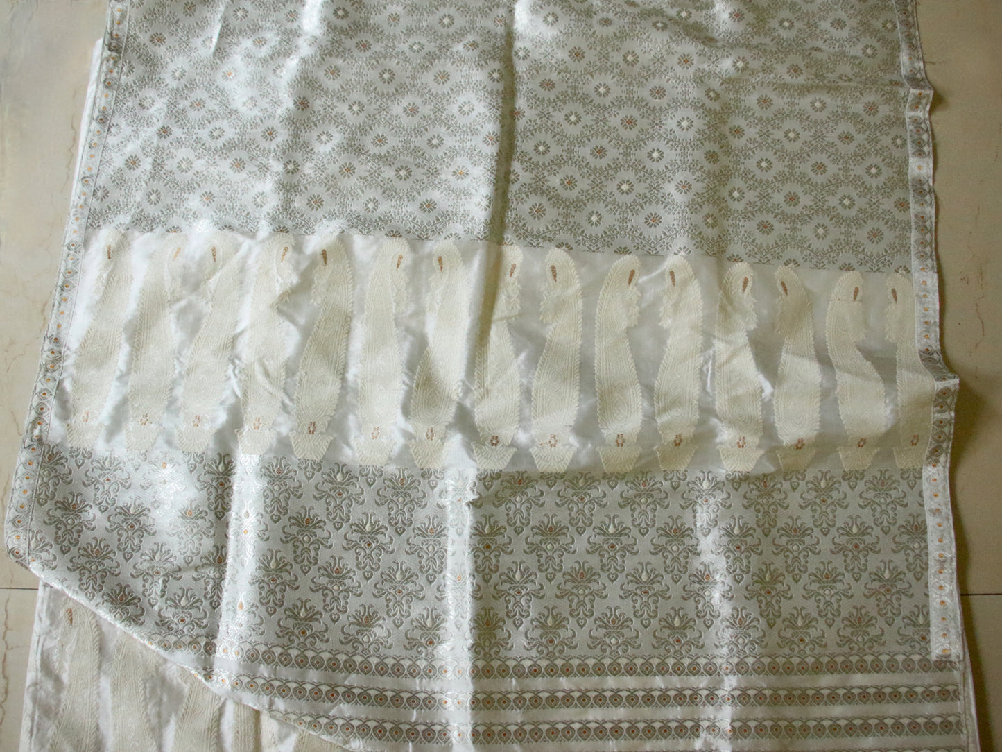 Bridal Natural White Handloom Mulberry Silk Mekhla Chador Set from Assam