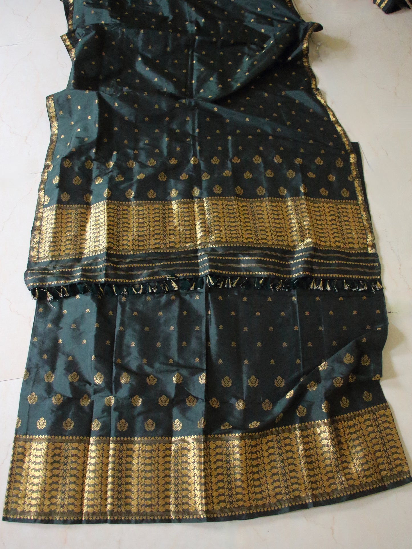 Bottle Green Handloom Mulberry Silk Mekhla Chador Set from Assam