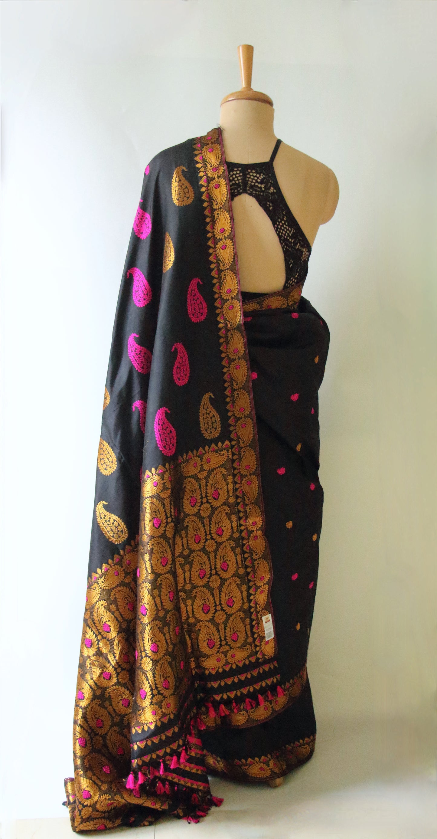Black Colour Handloom Mulberry Silk Saree from Assam