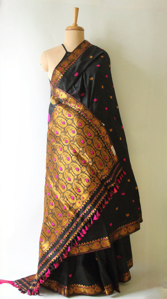 Black Colour Handloom Mulberry Silk Saree from Assam