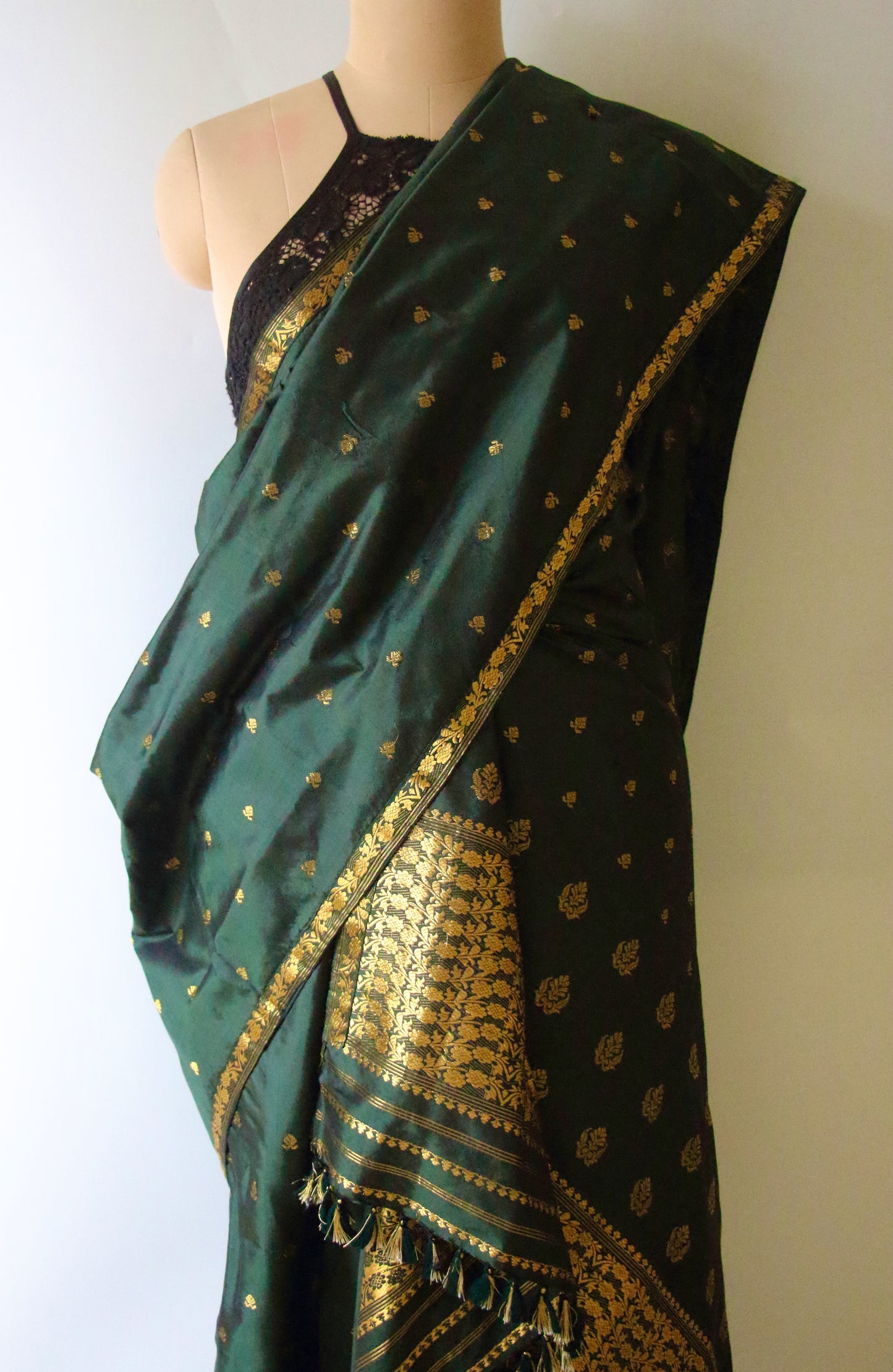 Bottle Green Handloom Mulberry Silk Mekhla Chador Set from Assam