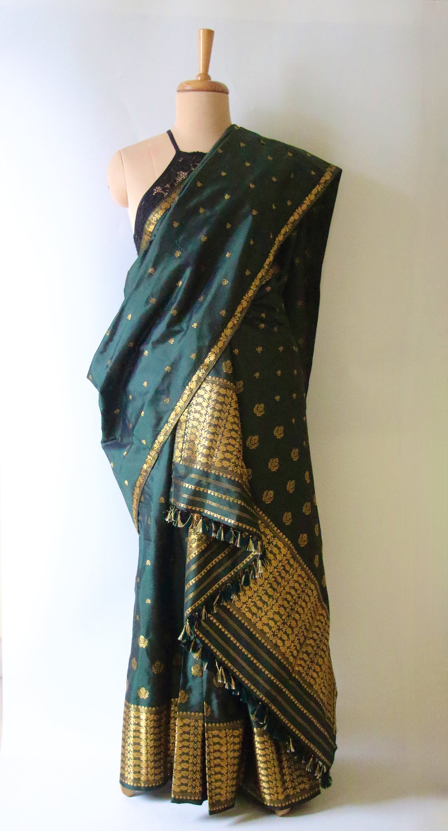 Bottle Green Handloom Mulberry Silk Mekhla Chador Set from Assam
