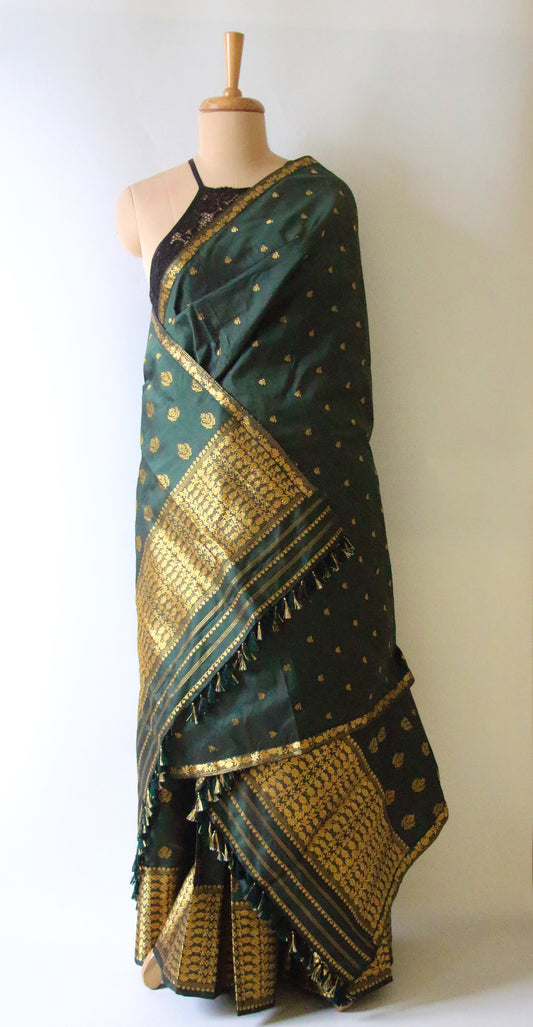 Bottle Green Handloom Mulberry Silk Mekhla Chador Set from Assam
