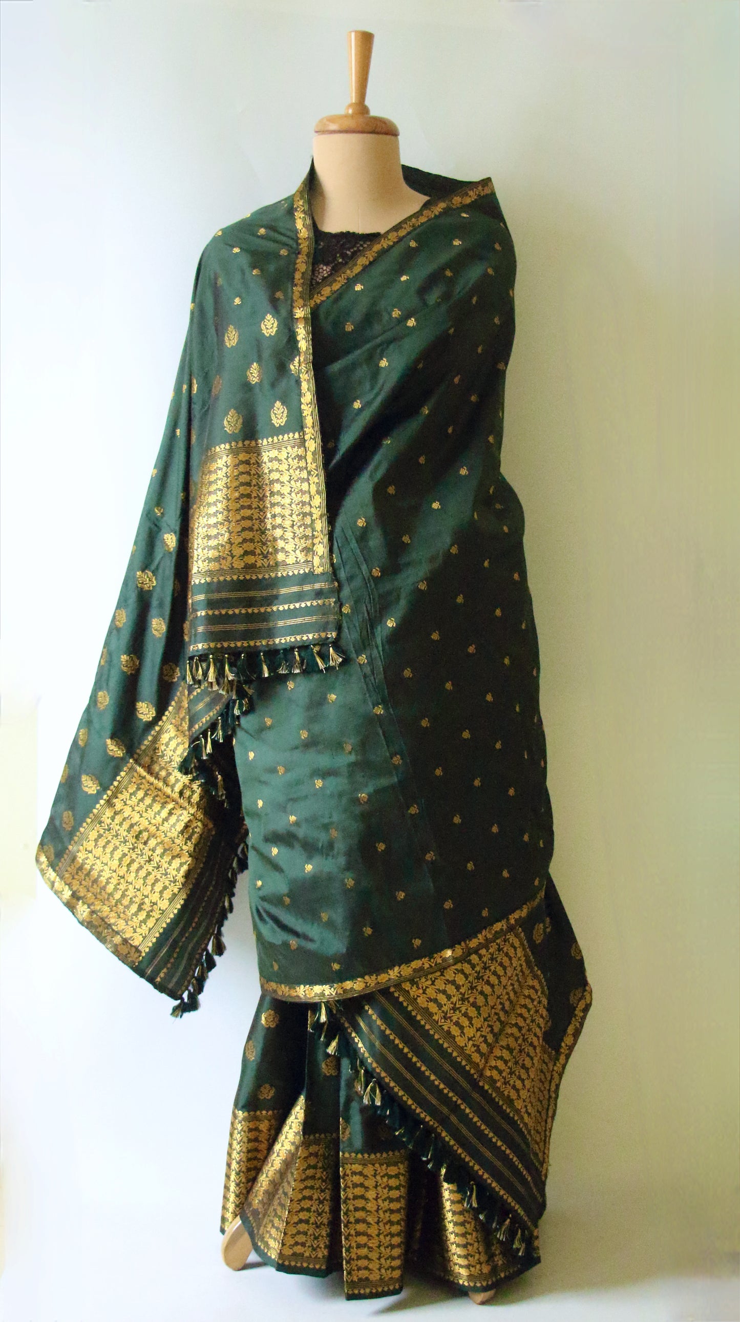 Bottle Green Handloom Mulberry Silk Mekhla Chador Set from Assam