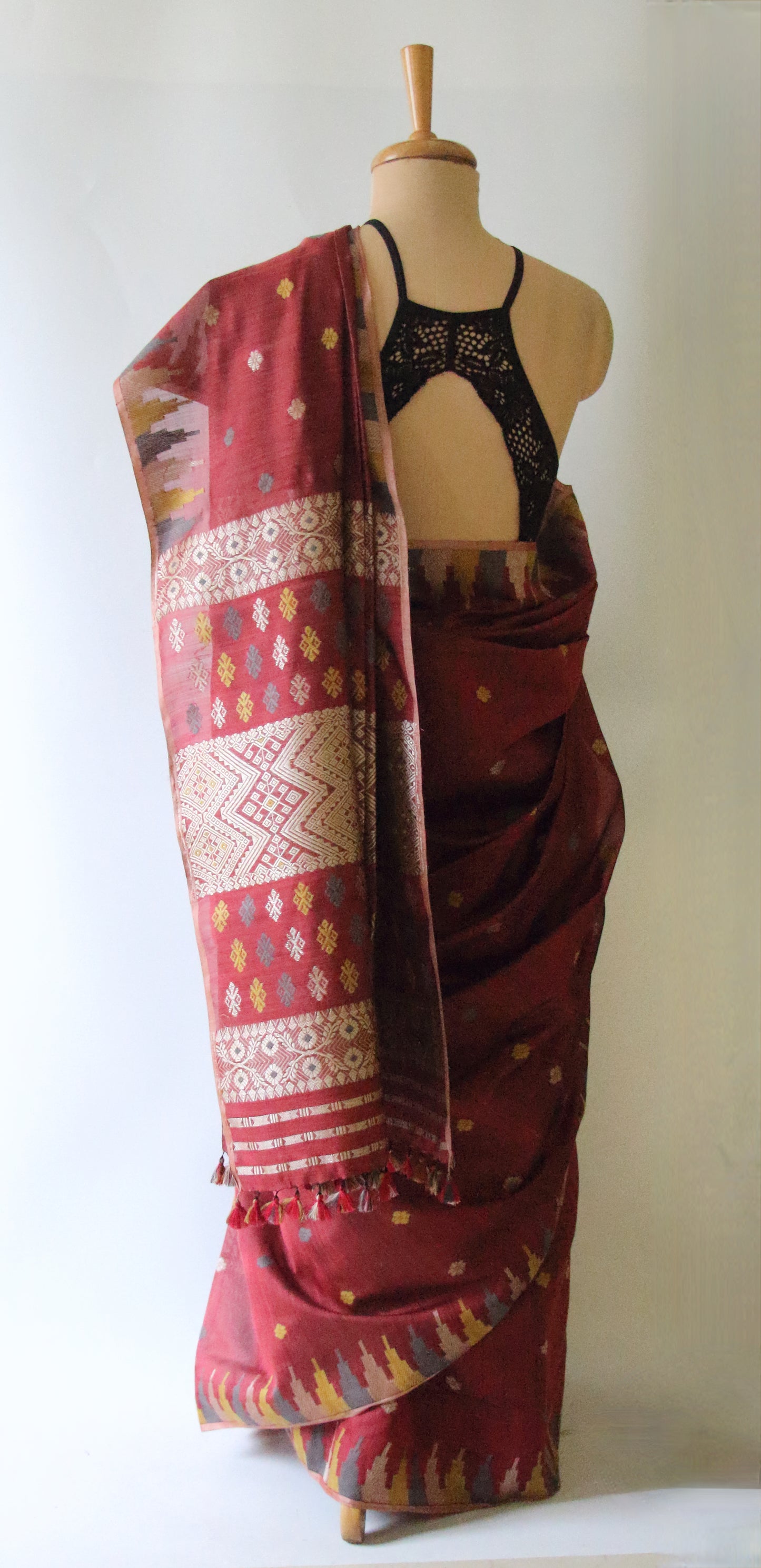 Natural Dyed Maroon Handloom Silk  Saree from Assam
