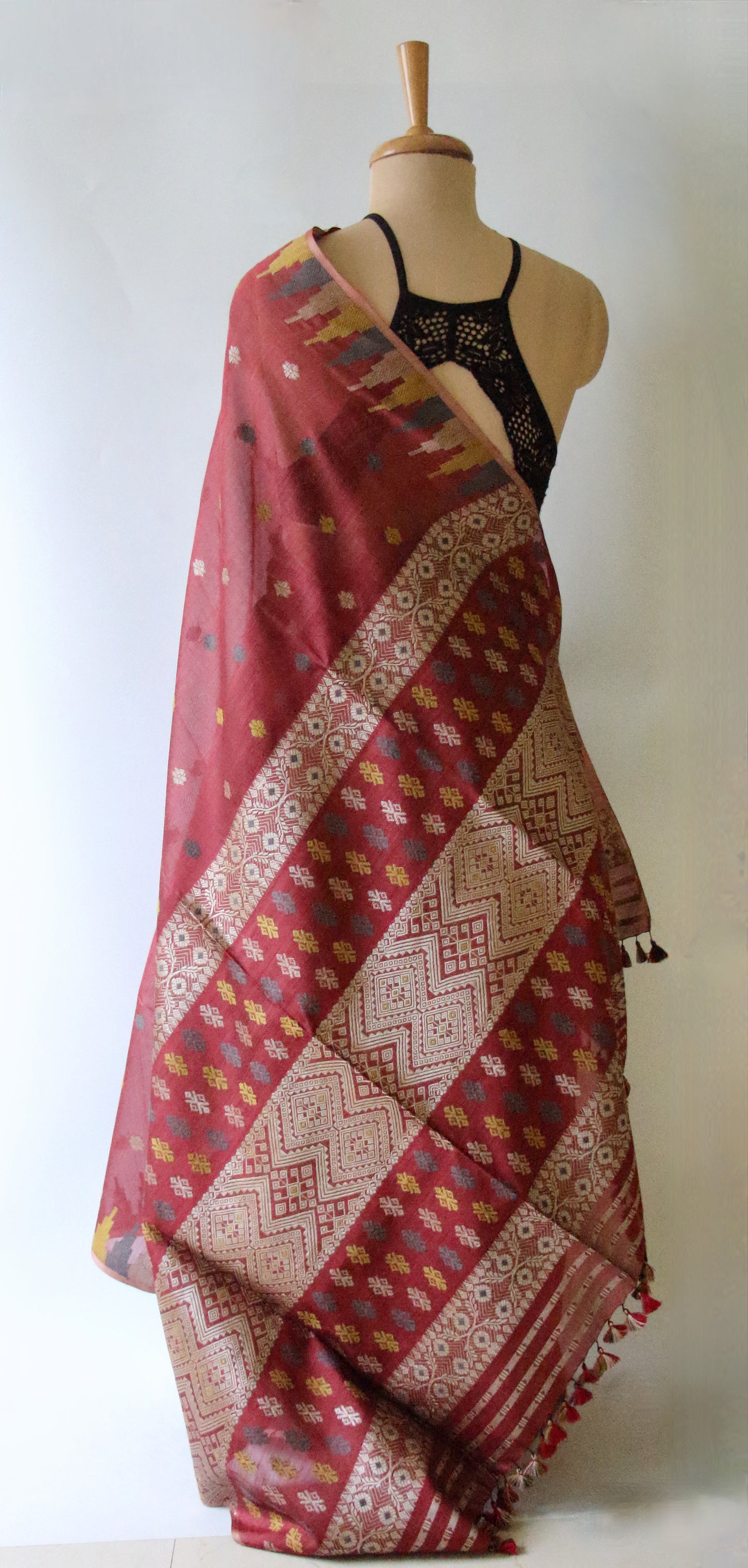 Natural Dyed Maroon Handloom Silk  Saree from Assam