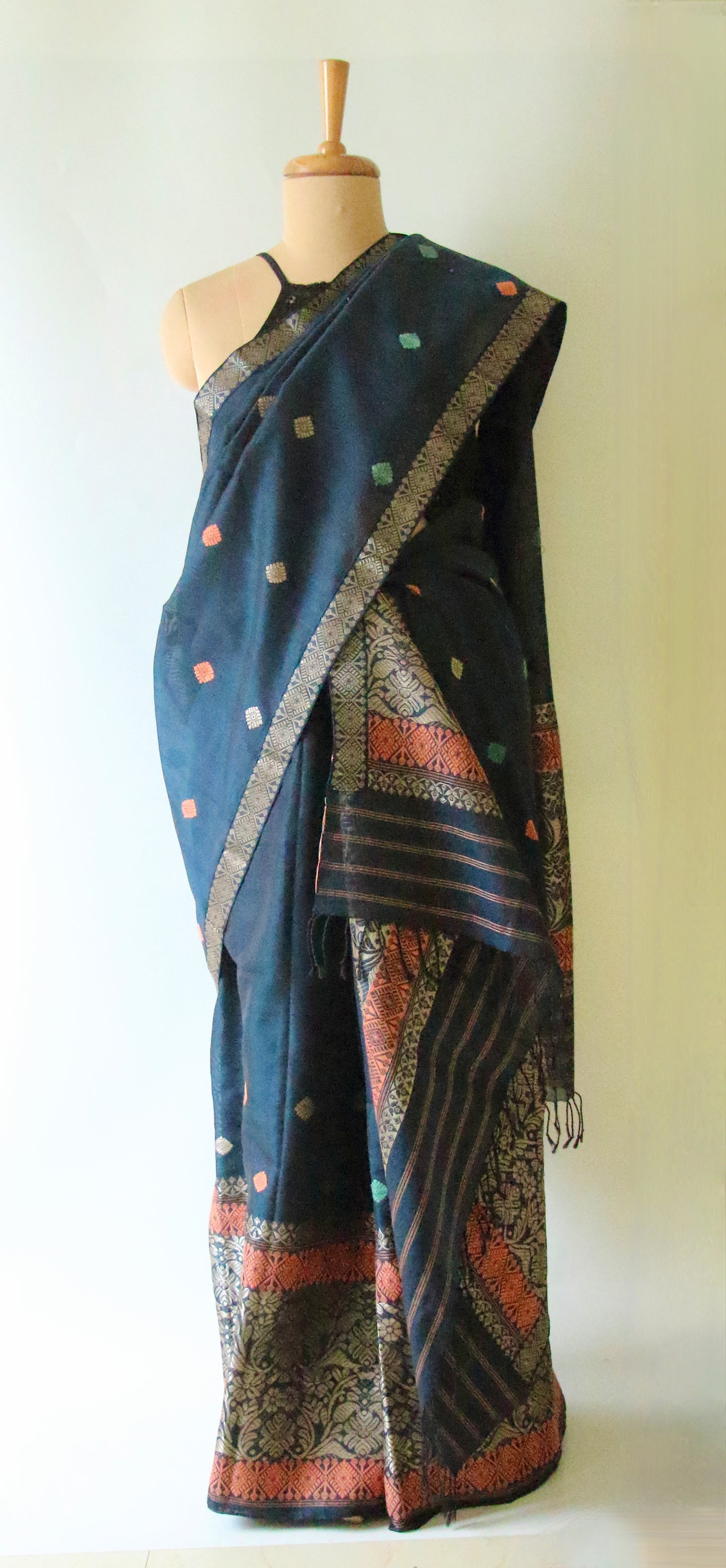Peacock Blue Natural dyed  Cotton Silk Handloom Mekhela Chador Set from Assam