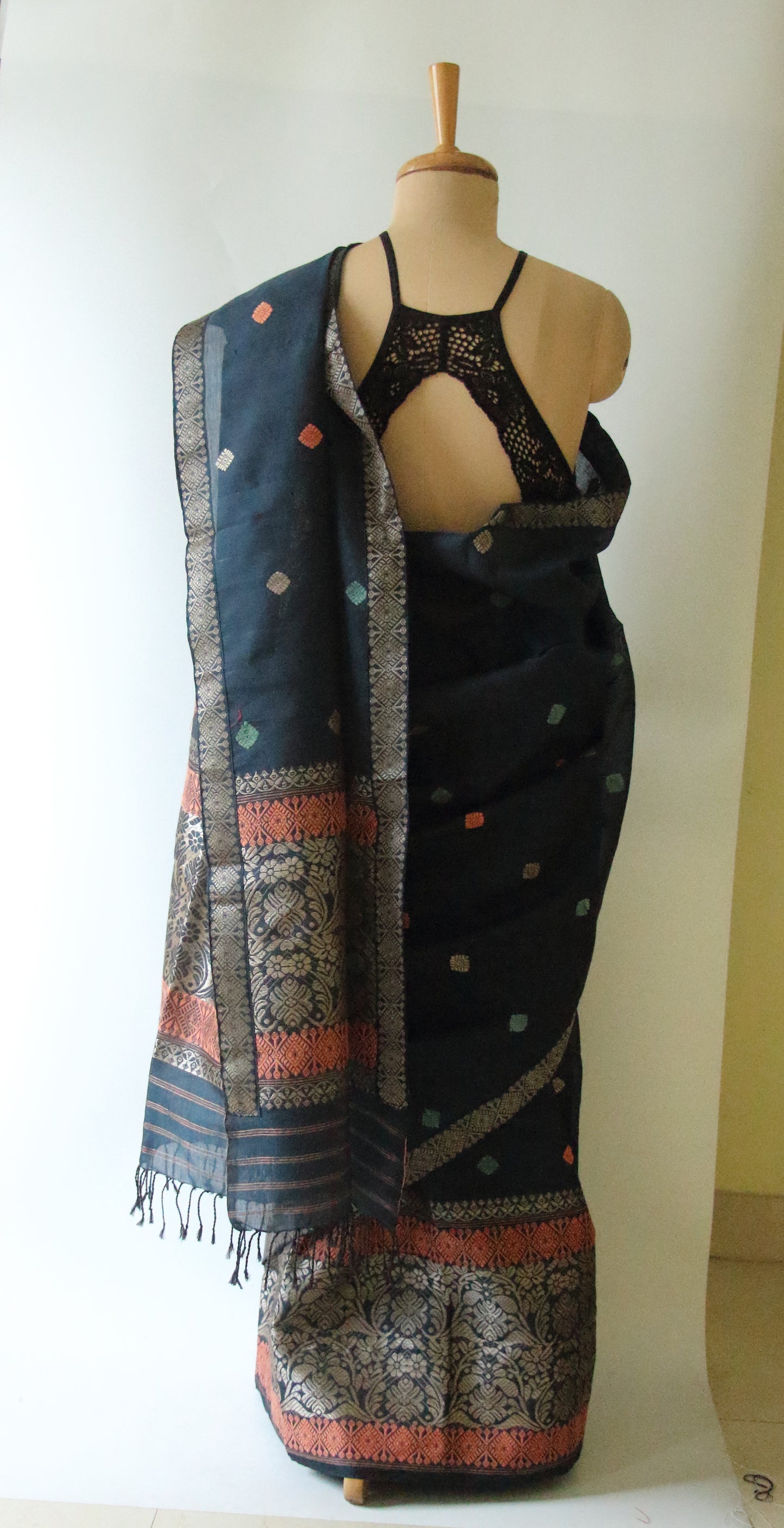 Peacock Blue Natural dyed  Cotton Silk Handloom Mekhela Chador Set from Assam
