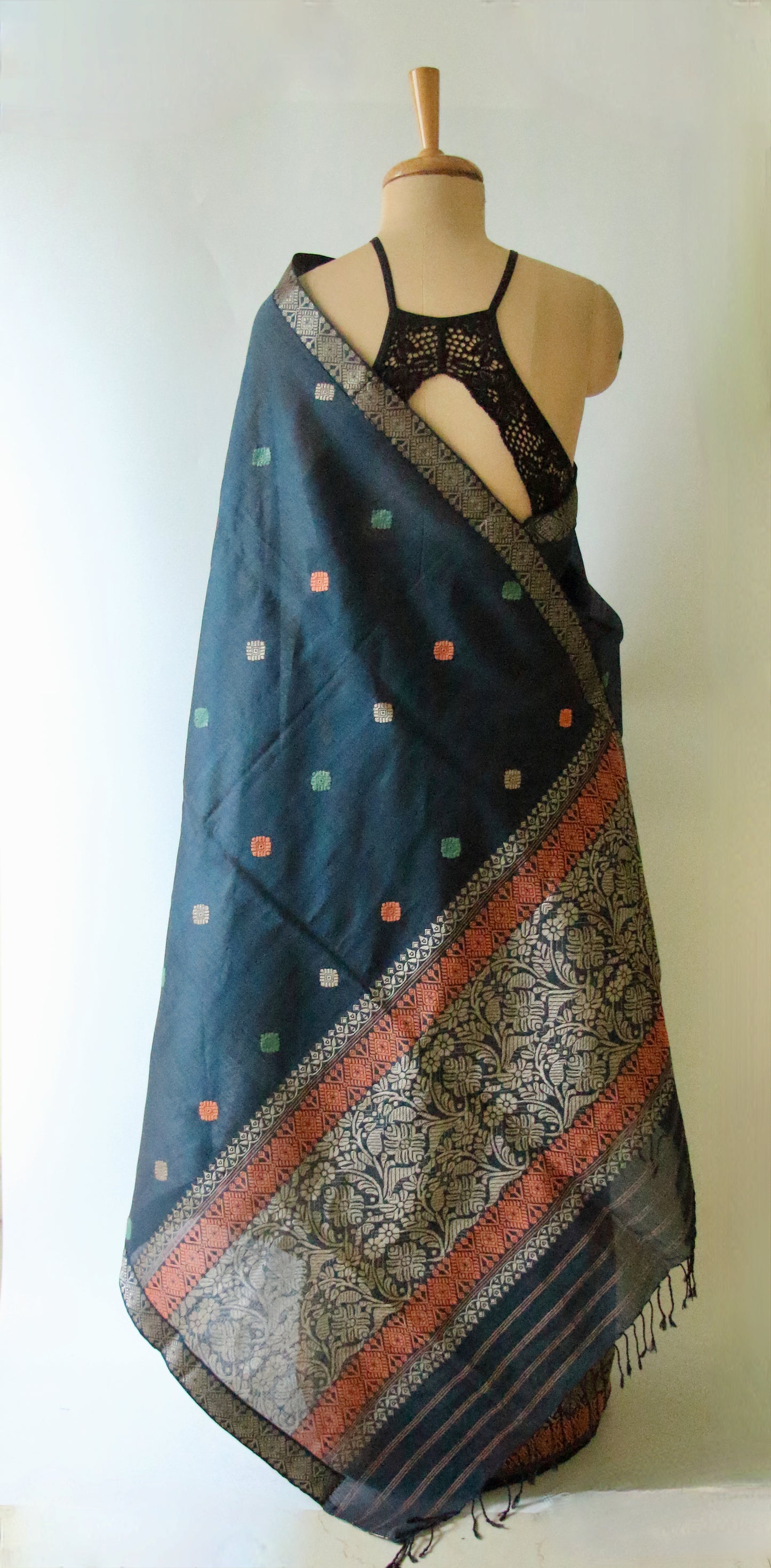 Peacock Blue Natural dyed  Cotton Silk Handloom Mekhela Chador Set from Assam