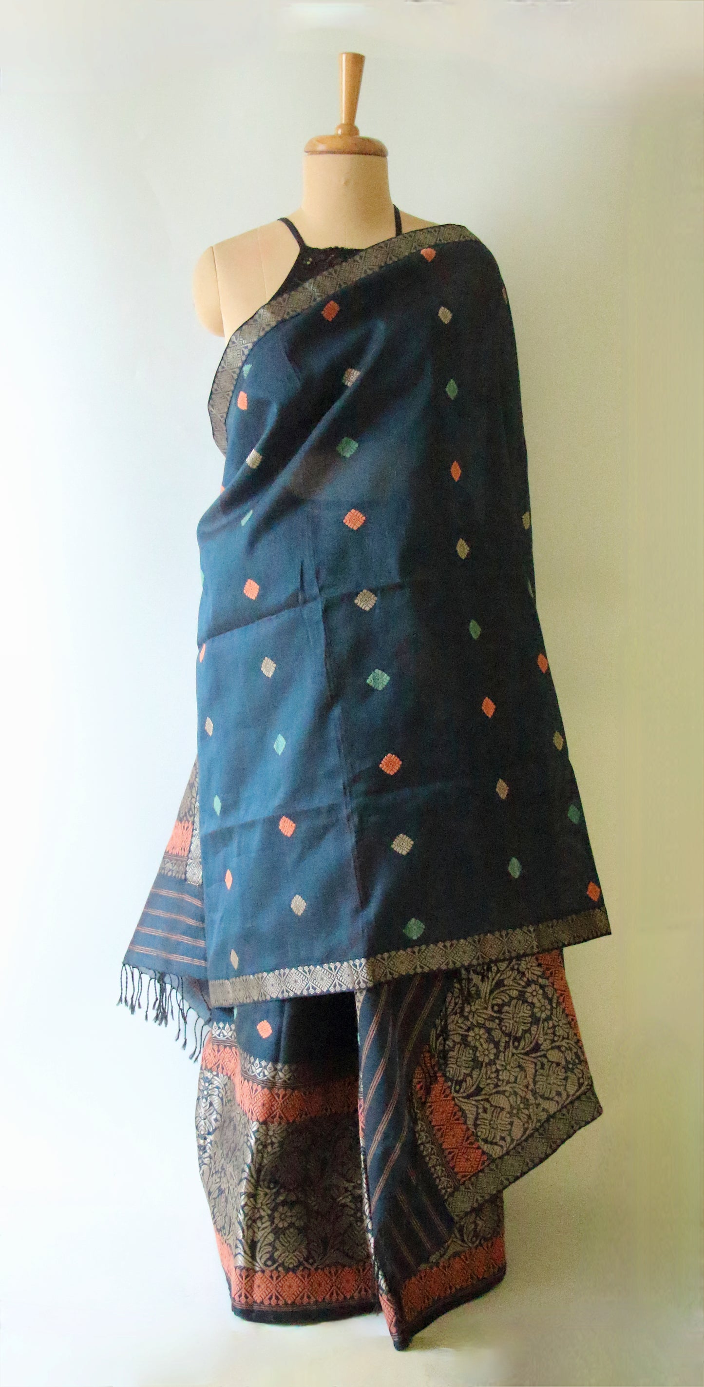 Peacock Blue Natural dyed  Cotton Silk Handloom Mekhela Chador Set from Assam