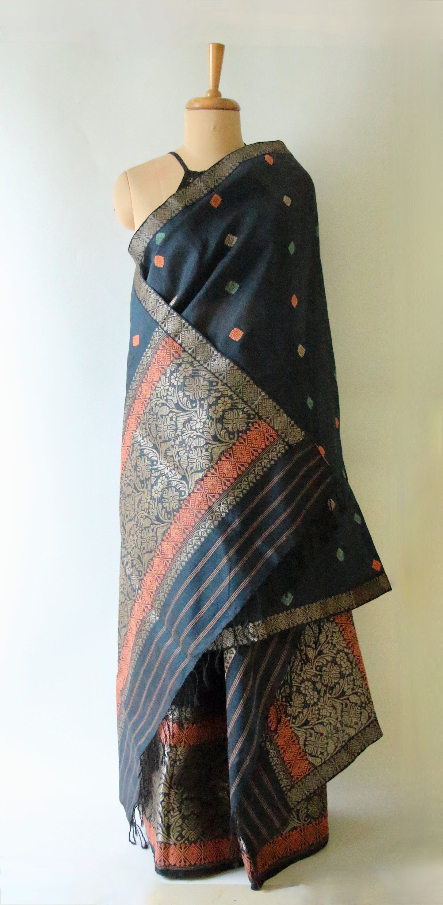 Peacock Blue Natural dyed  Cotton Silk Handloom Mekhela Chador Set from Assam