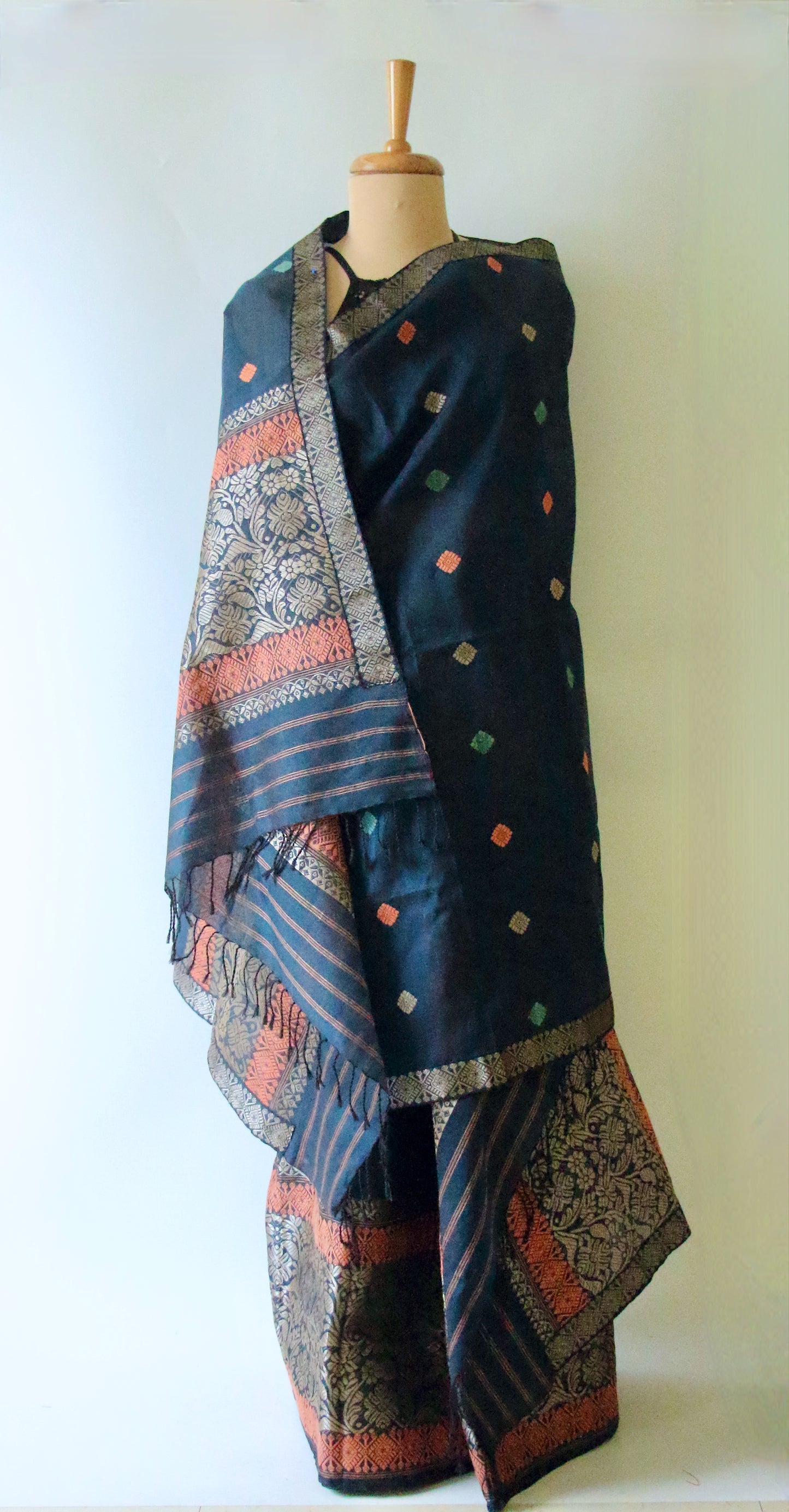 Peacock Blue Natural dyed  Cotton Silk Handloom Mekhela Chador Set from Assam