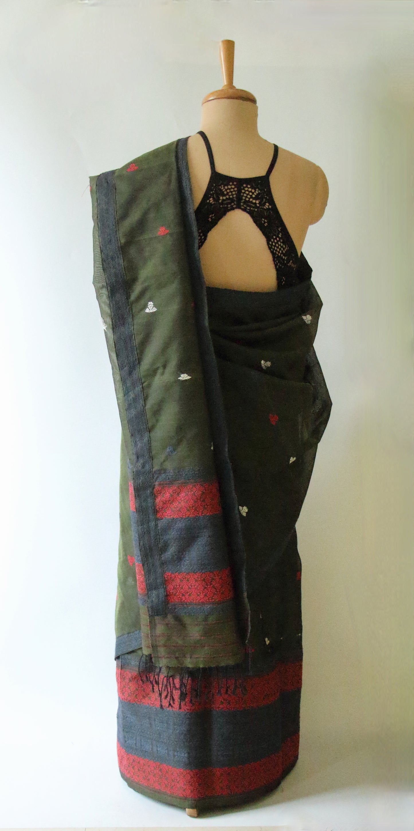 Natural Dyed Bottle Green Cotton Silk Handloom Mekhela Chador Set from Assam