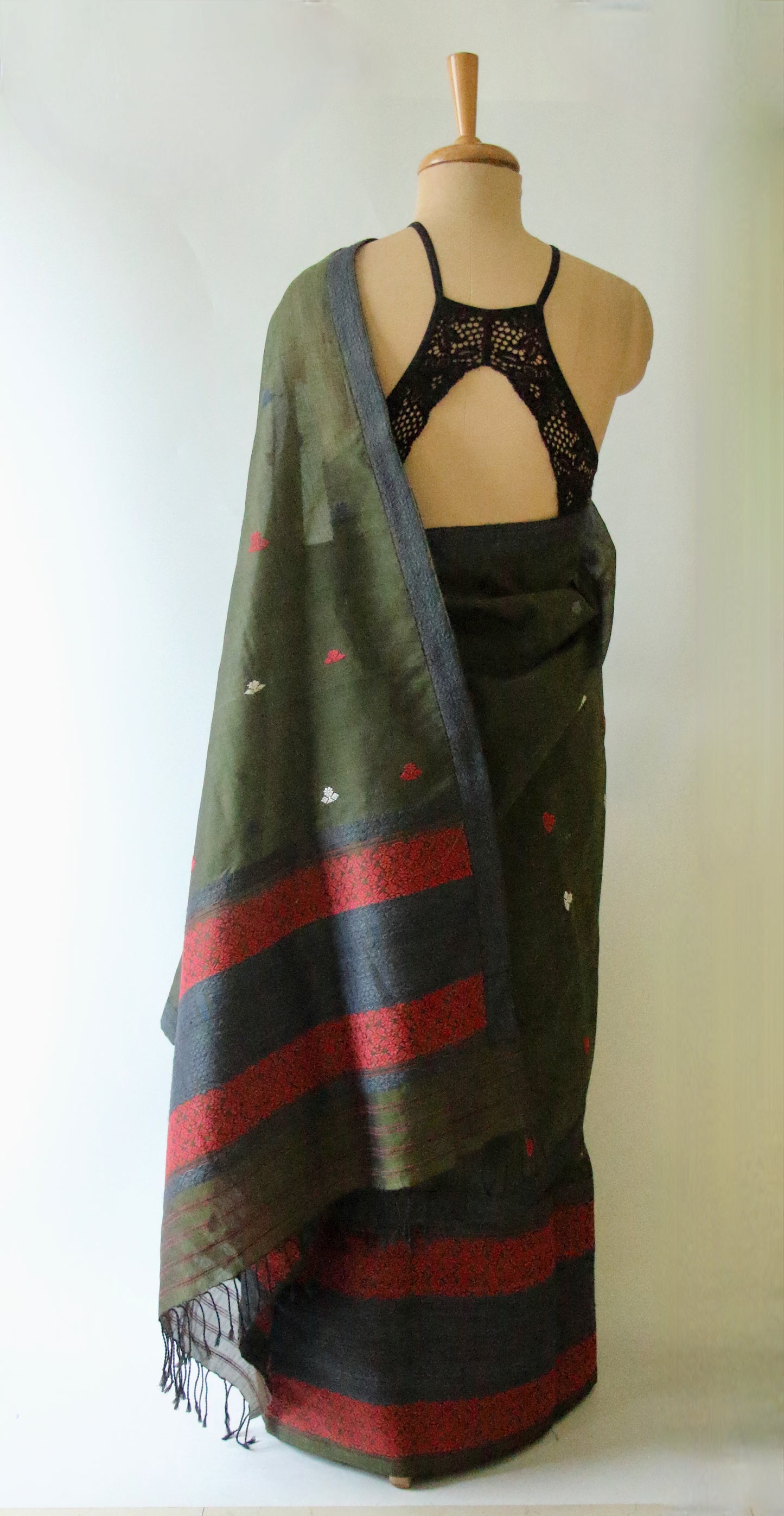 Natural Dyed Bottle Green Cotton Silk Handloom Mekhela Chador Set from Assam