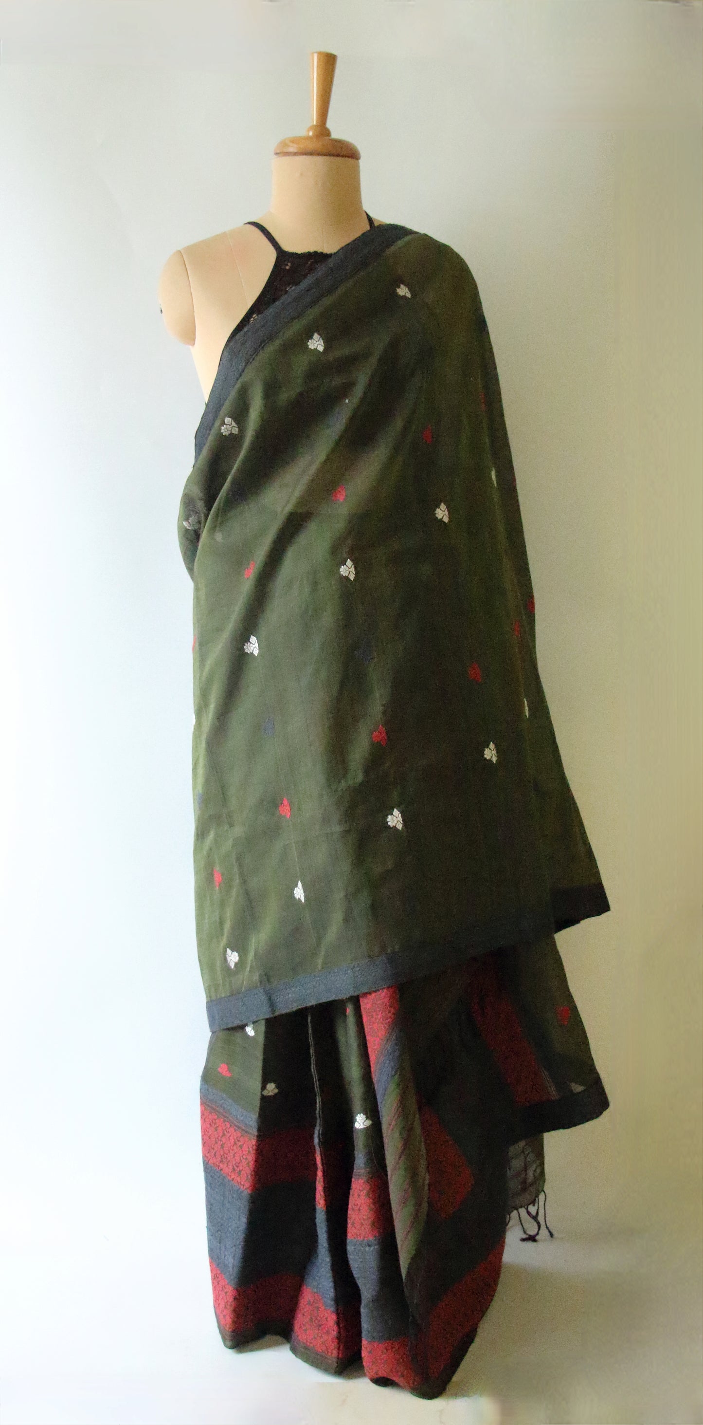 Natural Dyed Bottle Green Cotton Silk Handloom Mekhela Chador Set from Assam